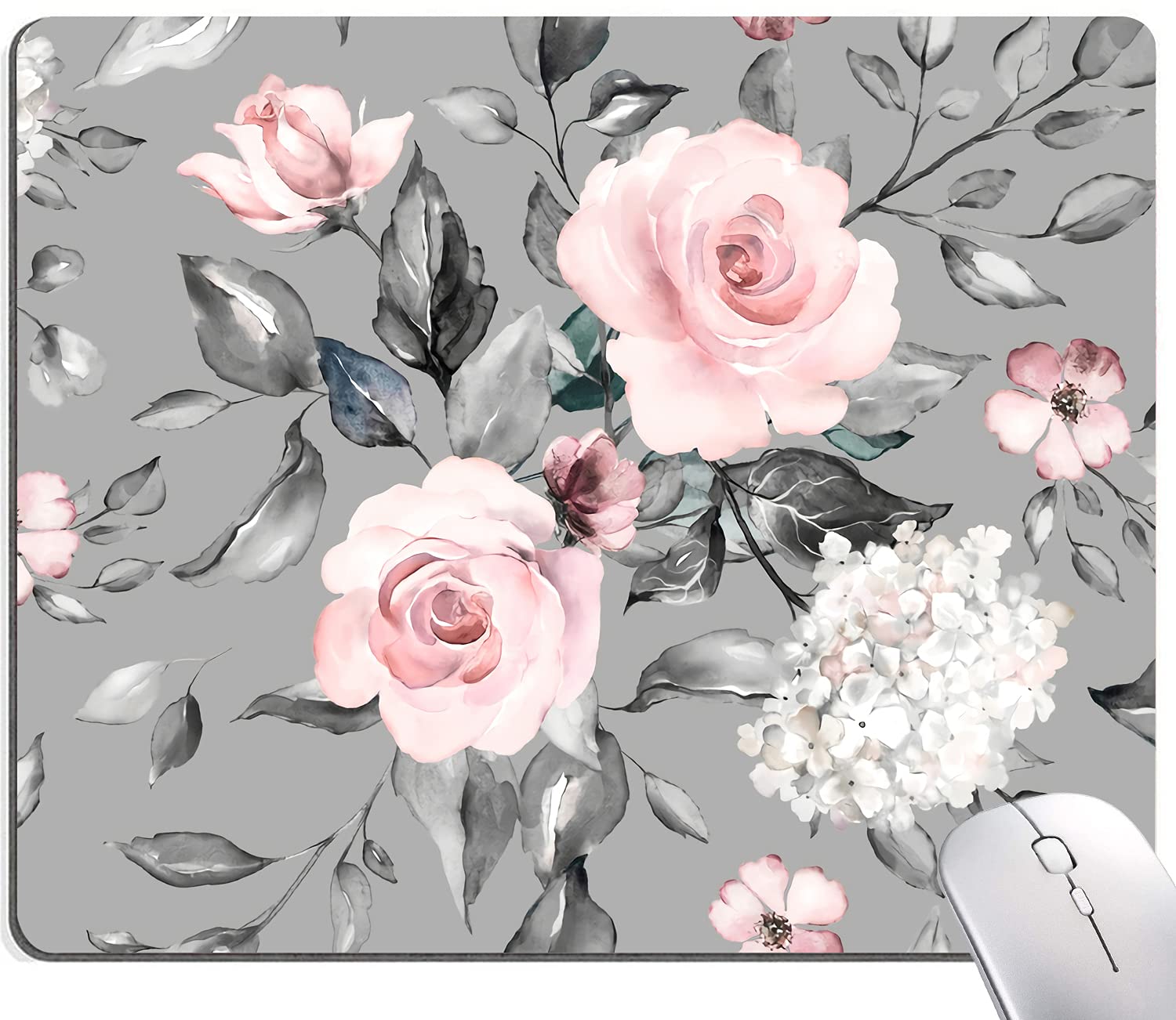 Mouse Pad, Gray Pink Roses Floral Flower Leaves Mouse Pad Rectangle Custom Designs, Waterproof Anti-Slip Rubber Mousepad Office