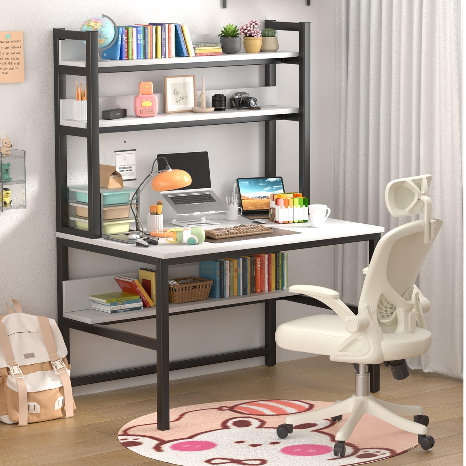Aquzee Computer Desk With Shelves, 47' Gaming Desk With Hutch And Bookshelf, White Study Table For Bedroom Space Saving With 3 Tier Storage Shelf, Home Office Desk For Writing Work, Easy Assemble