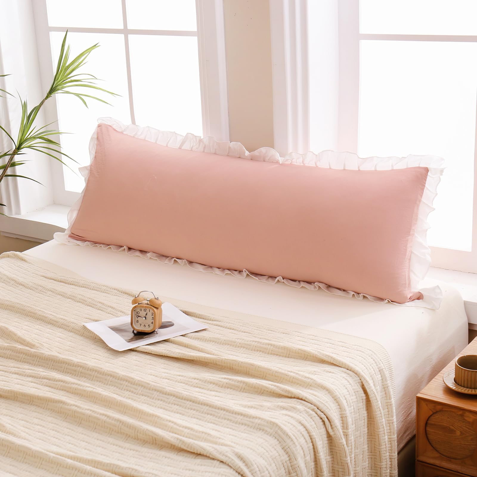 Merryword Pink Body Pillow Cover 20X54Inches Pink And White Reversible Long Pillowcase Ruffled Body Pillowcases Cute Pillowcase