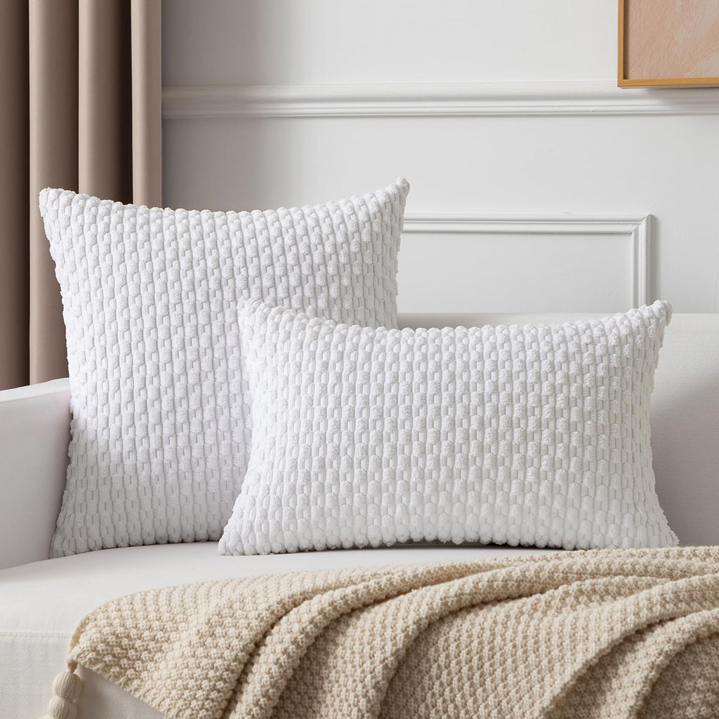 Kevin Textile Pack Of 2, Velvet Pillow Covers Striped Throw Cushion Case Set Accent Corduroy Lumbar Pillowcases With Hidden Zipper For Home Decor Indoor Outdoor (12'X20', Pure White)