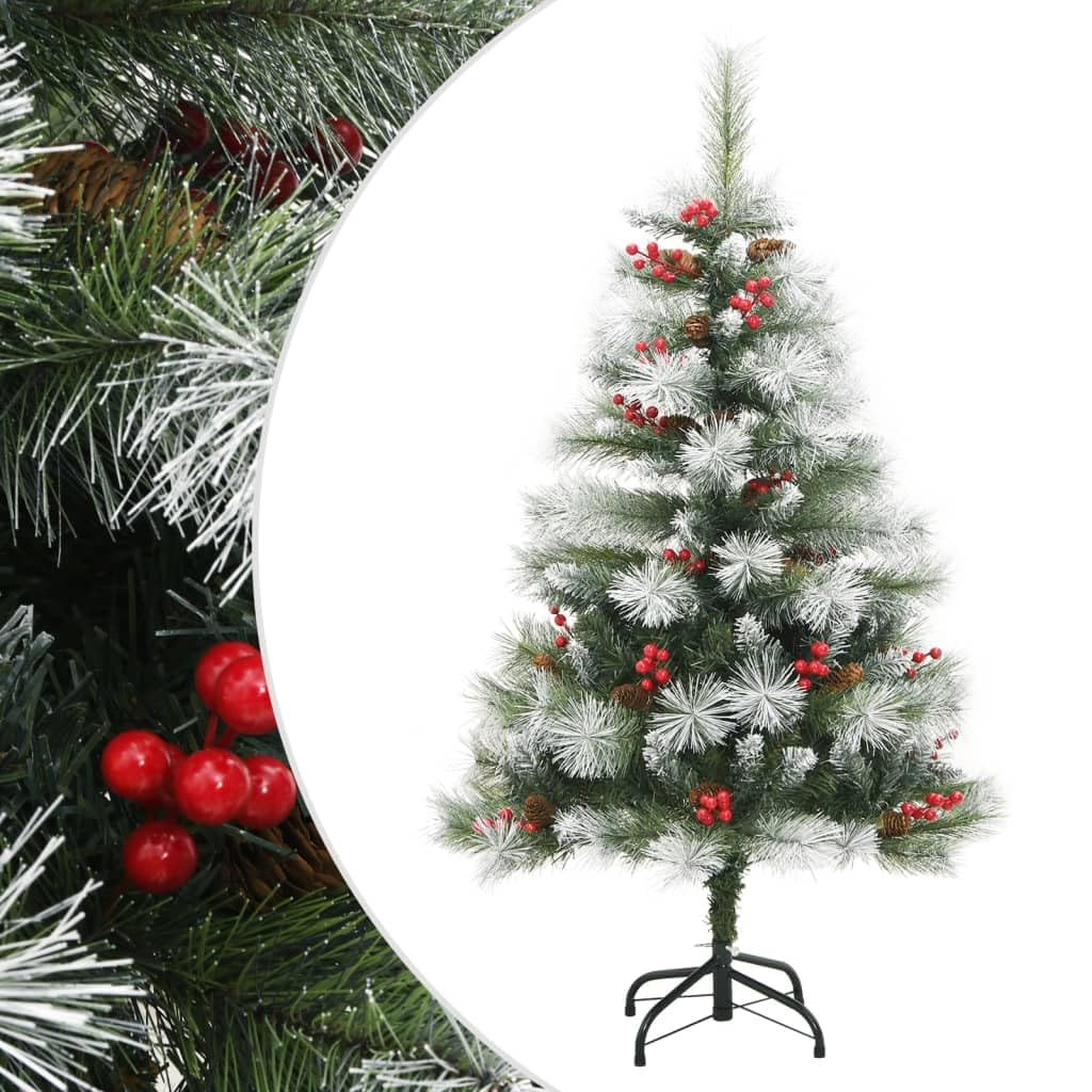 vidaXL Artificial Hinged Christmas Tree with Cones and Berries - Green and White, Reusable, Equipped with Sturdy Metal Stand, Perfect for Indoor Decoration, Total Height 59.1&quot;