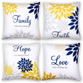 Tatuo 4 Pcs Yellow Flower Navy Pillow Covers Square Pillow Cushion Cases 18X18 Inch, Family Faith Hope Love Words Pillow Cases D