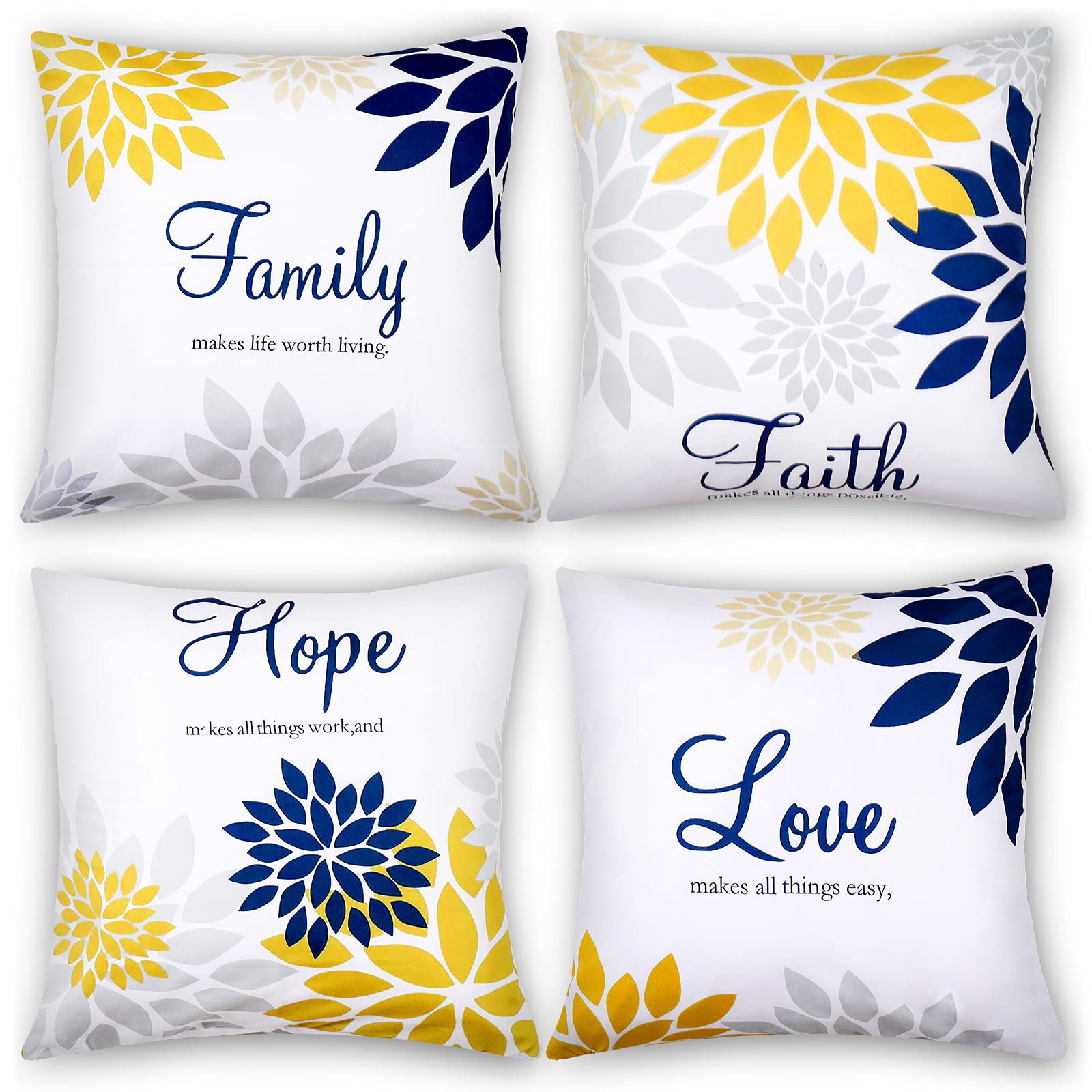Tatuo 4 Pcs Yellow Flower Navy Pillow Covers Square Pillow Cushion Cases 18X18 Inch, Family Faith Hope Love Words Pillow Cases D