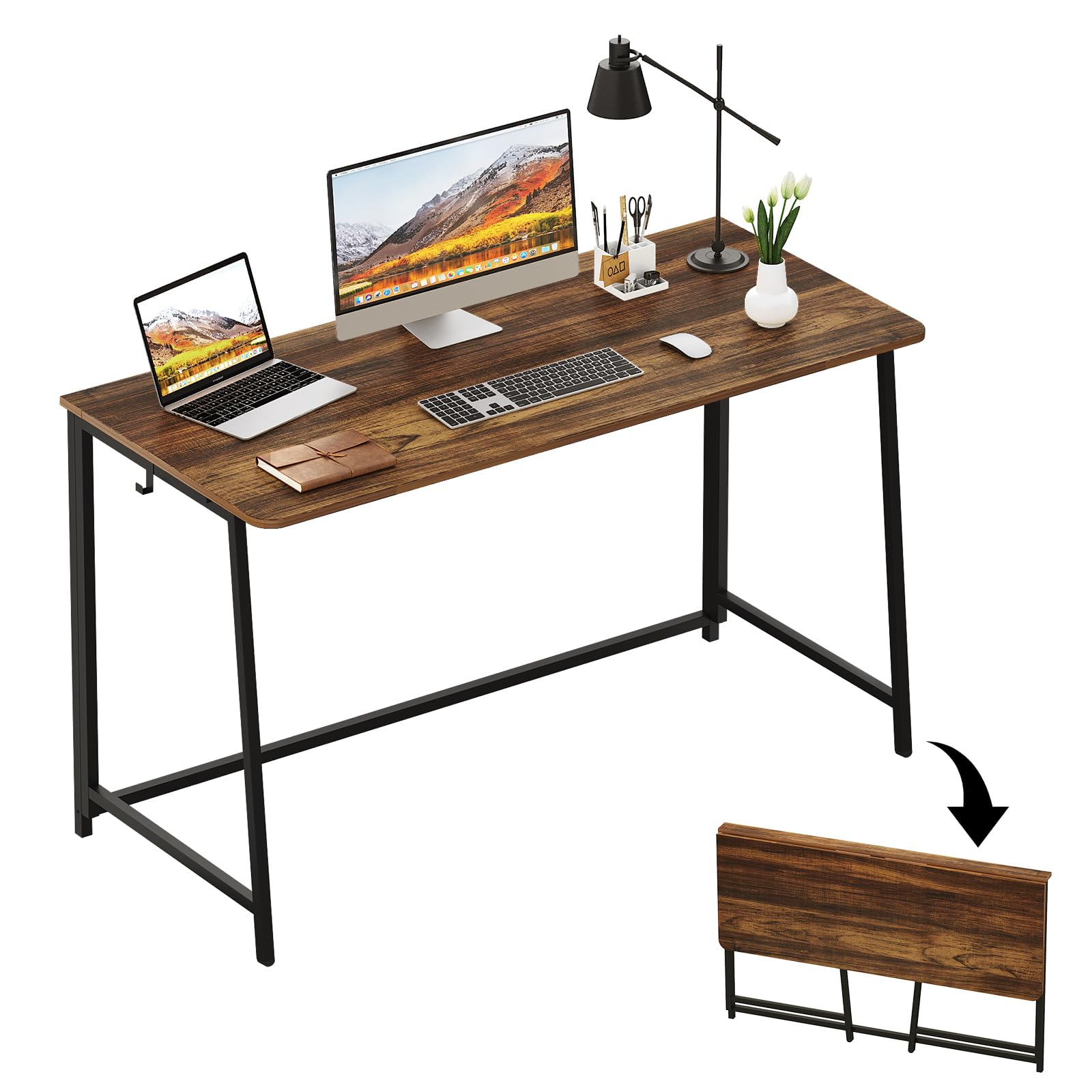Wohomo Folding Desk, 47.2' Foldable Computer Desk For Bedroom, Space Saving Computer Table Writing Workstation For Home Office, Easy Assembly, Walnut