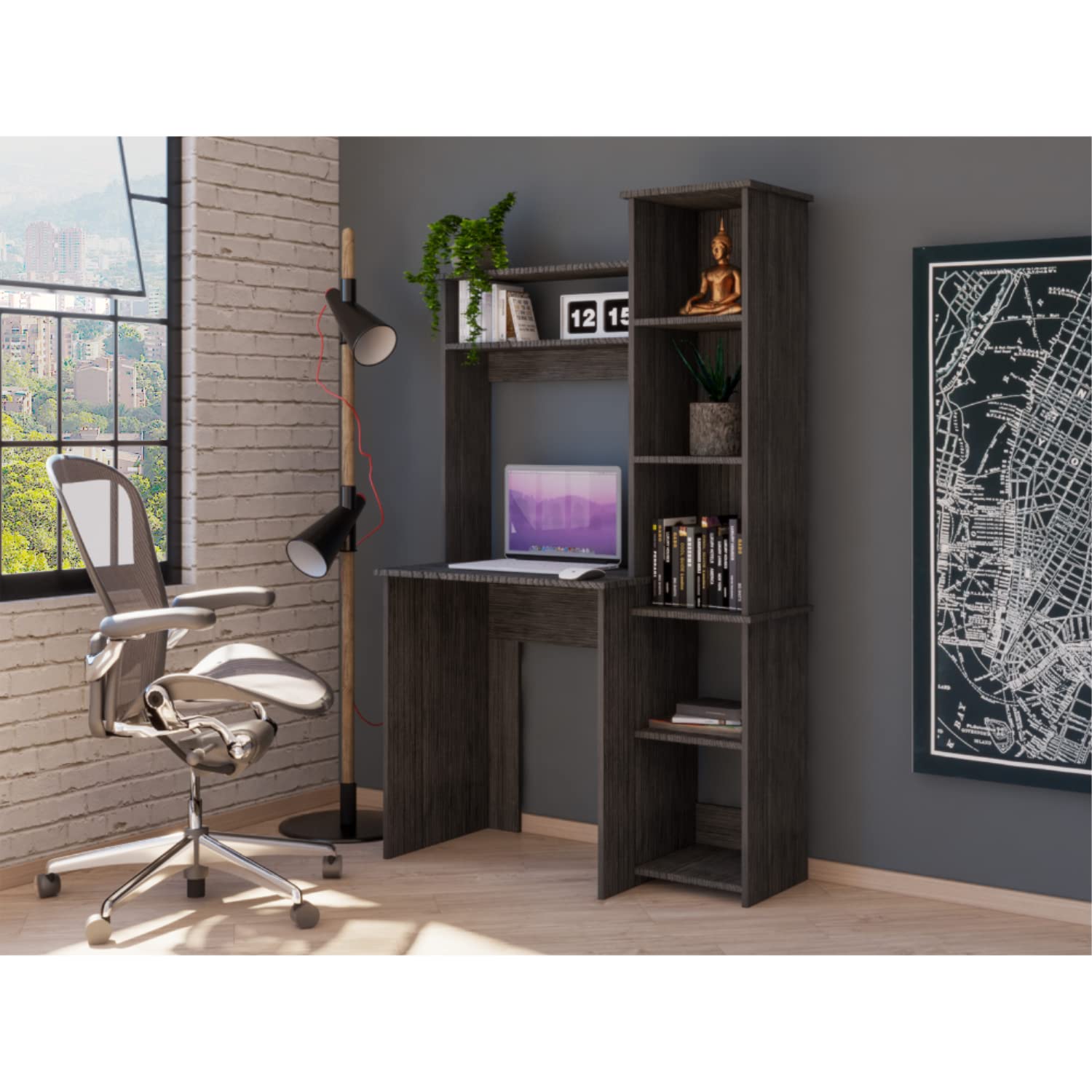 Aramis Ergonomically Designed Desk with Five Shelves, Two Superior Shelves - Smokey Oak