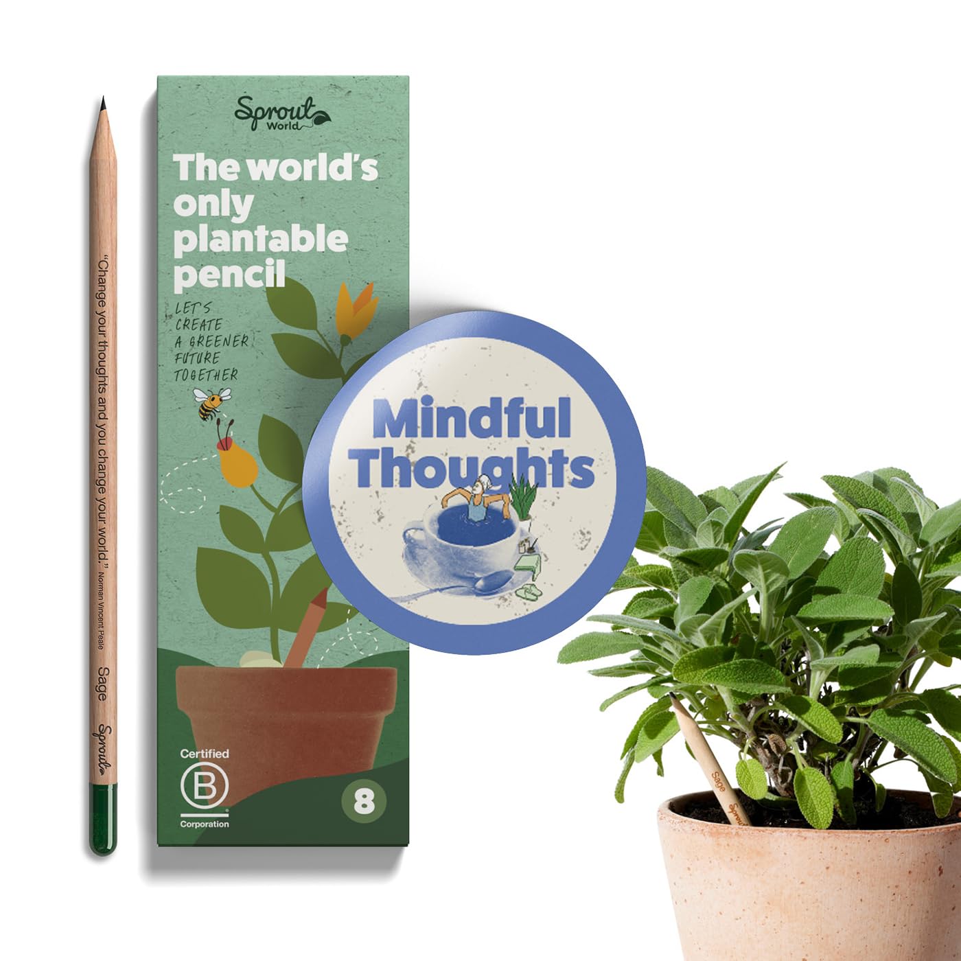 Sproutworld Wood-Cased Pencils | Mindful Thoughts Edition | Hb Pre-Sharpened Graphite Plantable Wooden Pencils With Flower, Herb
