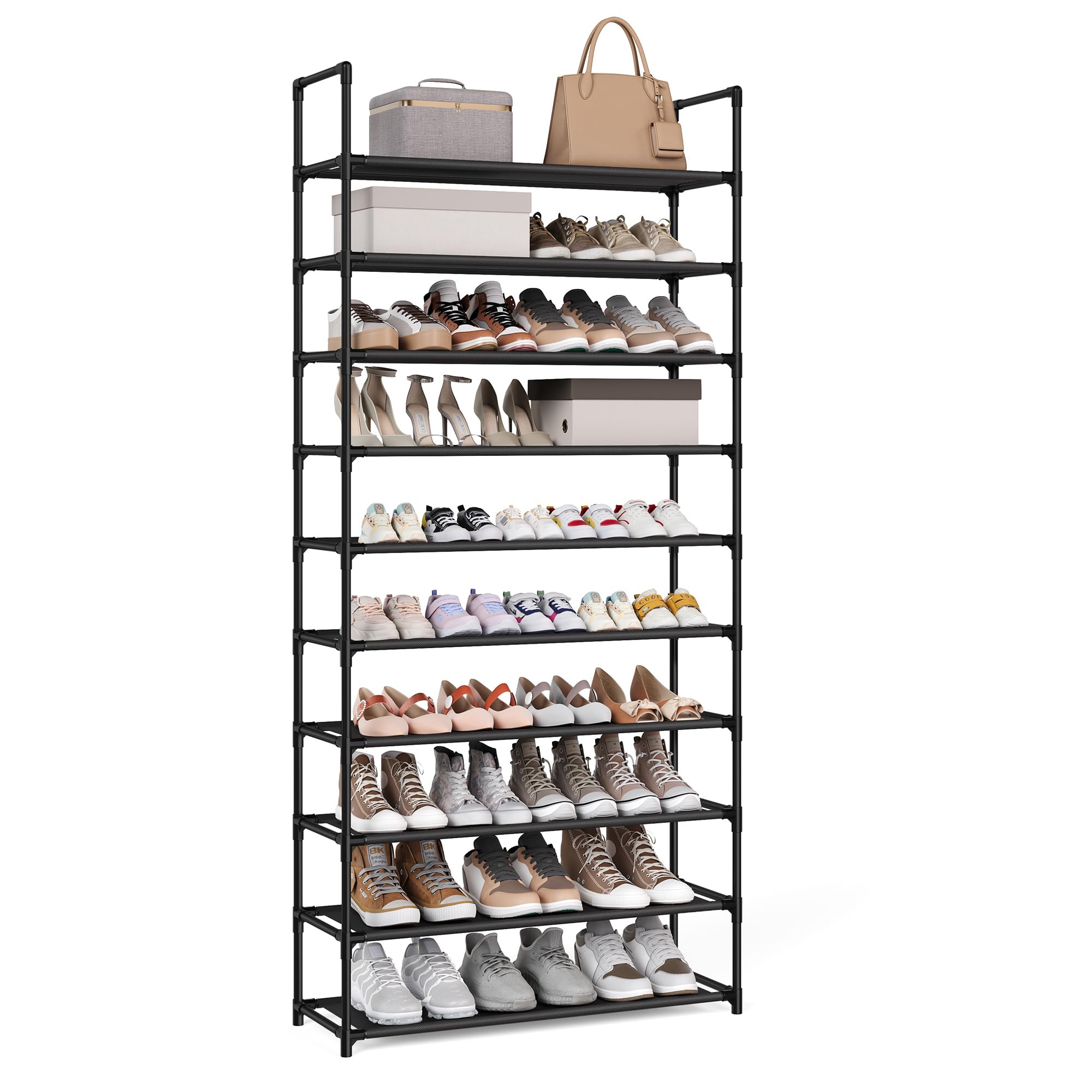 SONGMICS Shoe Rack, 10-Tier Shoe Shelf, Shoe Storage Organizer, 11 x 32.7 x 68 Inches, Metal Frame, Non-Woven Fabric Shelves, fo