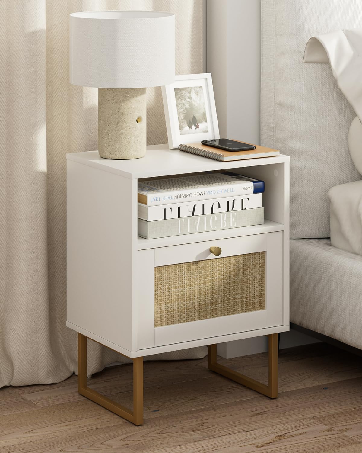 Masupu Rattan Nightstand,Modern Boho Farmhouse Wood Bedside Table with Storage Drawer and Open Shelf,Small Gold Frame Side End T