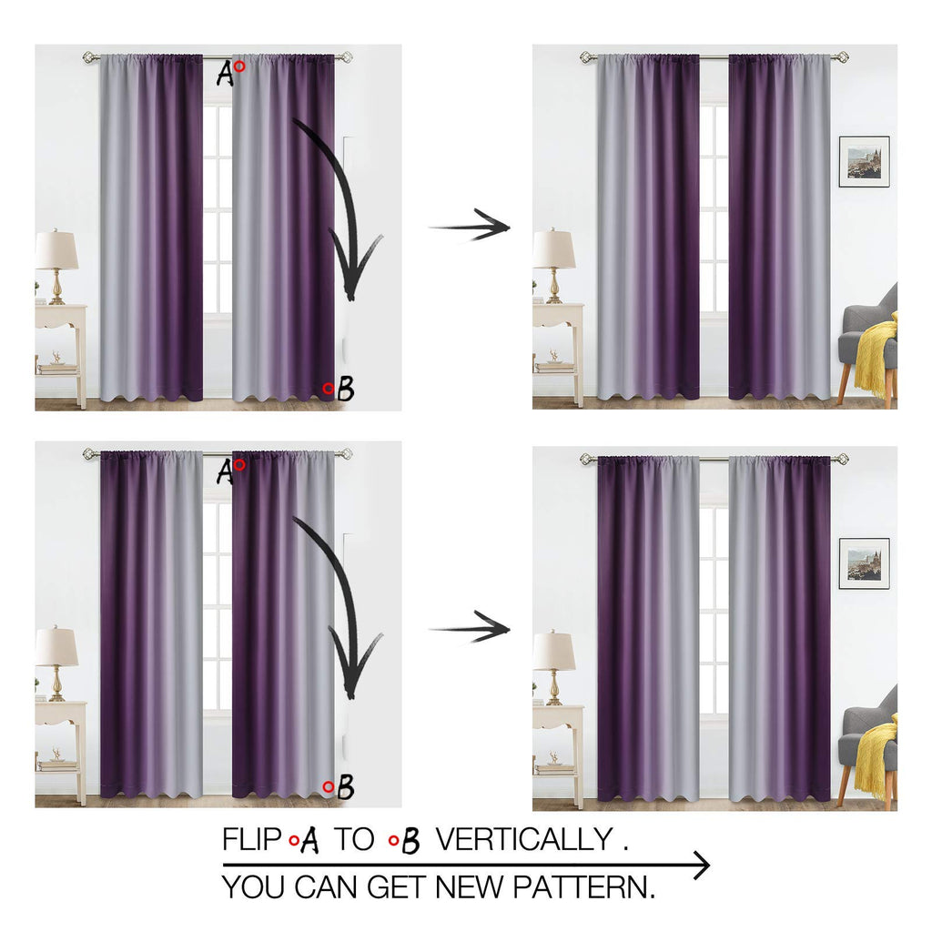 Cosviya Rod Pocket Ombre Room Darkening Curtains 84 Inch Length 2 Panels, Purple And Grayish White Gradient Drapes Light Blockin
