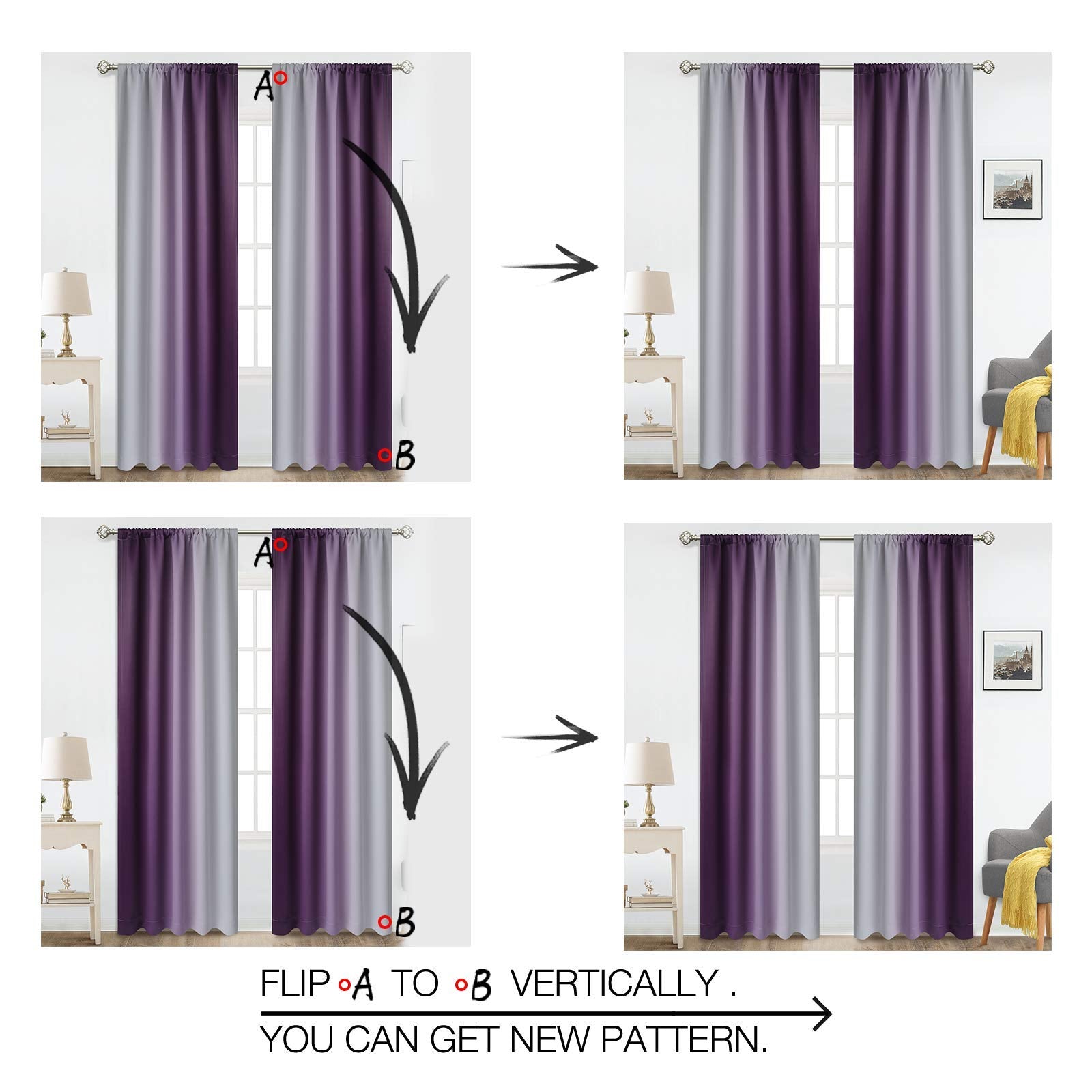 Cosviya Rod Pocket Ombre Room Darkening Curtains 84 Inch Length 2 Panels, Purple And Grayish White Gradient Drapes Light Blockin