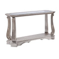 Benjara Antique Sofa Table With Polyresin Engravings Glass Top, Silver And Clear