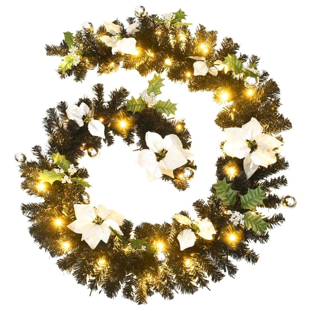 vidaXL Christmas Garland 8.9' with 50 LED Lights - Indoor/Outdoor, Black & Silver, PVC, USB Powered, Easy-Store for Seasonal Festivities