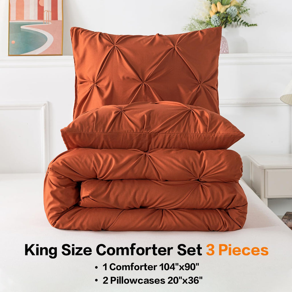 Andency Burnt Orange Terracotta King Size Comforter Set, 3 Pieces Pinch Pleat All Season Bedding Set, Soft Lightweight Microfiber Down Alternative Comforter Bed Set