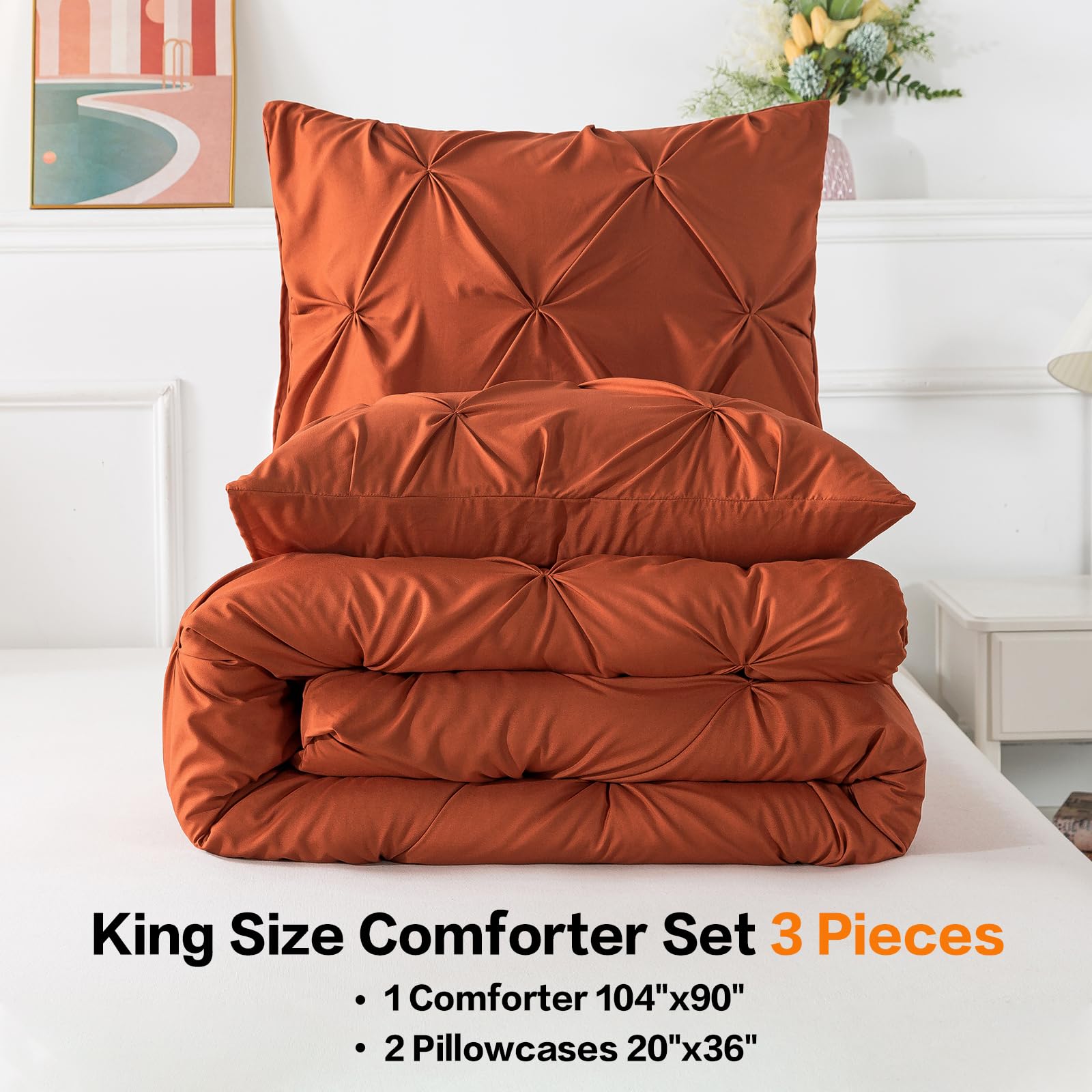 Andency Burnt Orange Terracotta King Size Comforter Set, 3 Pieces Pinch Pleat All Season Bedding Set, Soft Lightweight Microfiber Down Alternative Comforter Bed Set
