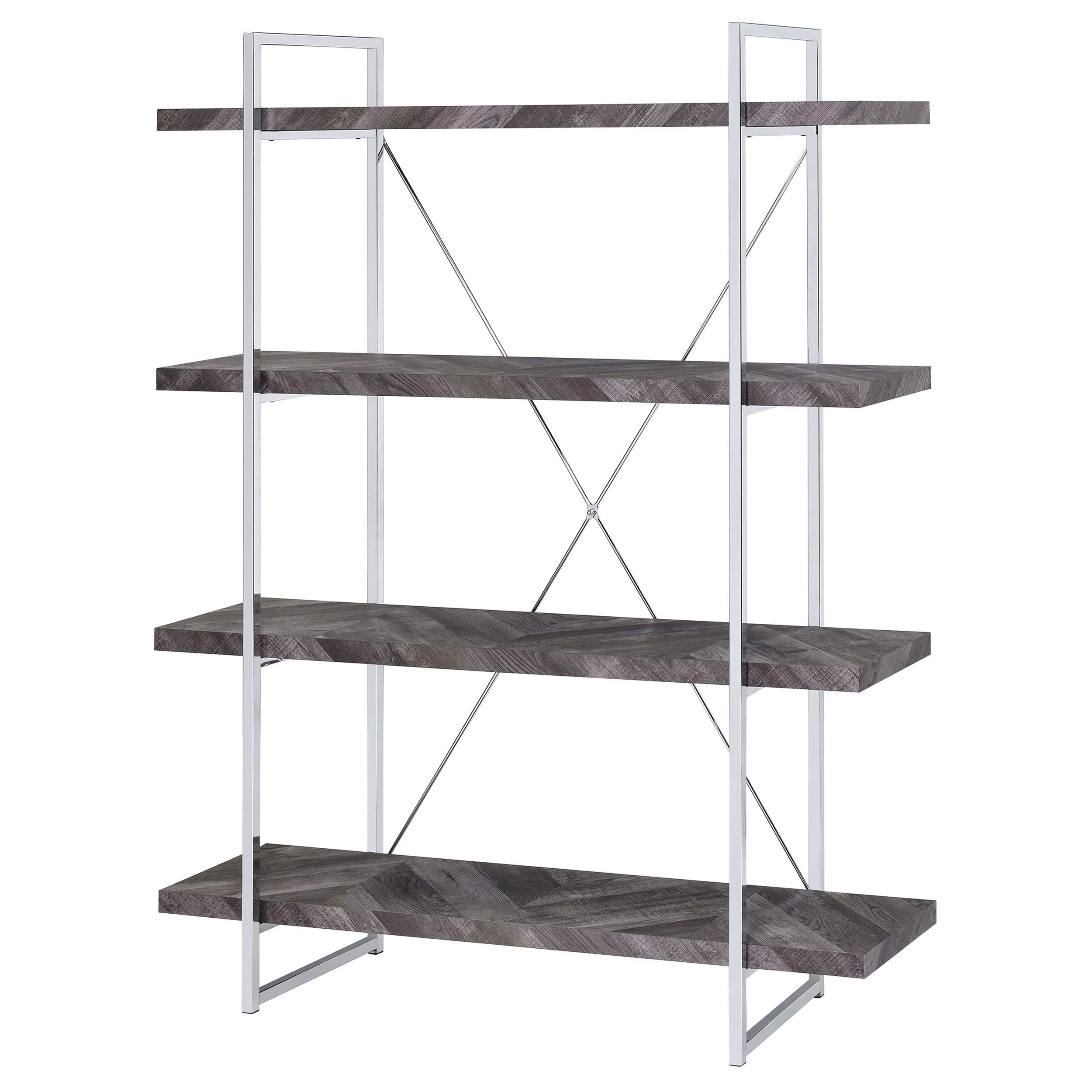 Coaster Furniture Grimma Industrial Grey Herringbone and Chrome Bookcase 62.5&quot; H x 14&quot; W x 47.25&quot; D 802613