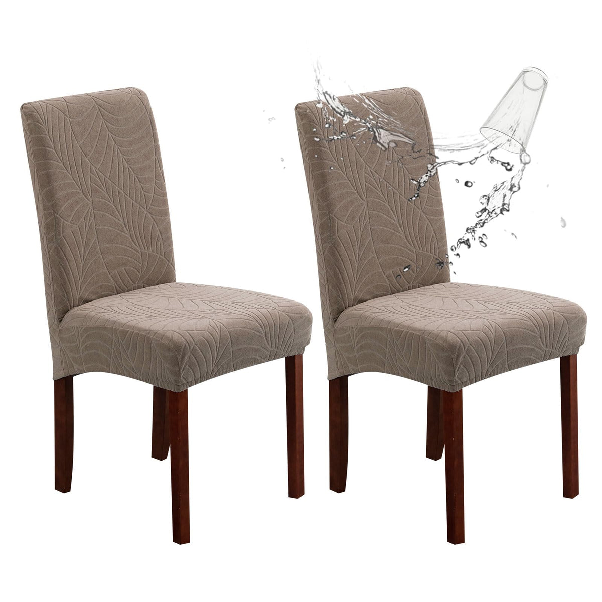 Genina Waterproof Chair Covers For Dining Room, Stretch Jacquard Dining Chair Slipcovers Removable Washable Chair Protector For Kitchen, Hotel, Restaurant (Leaves-Taupe, 2 Pcs)