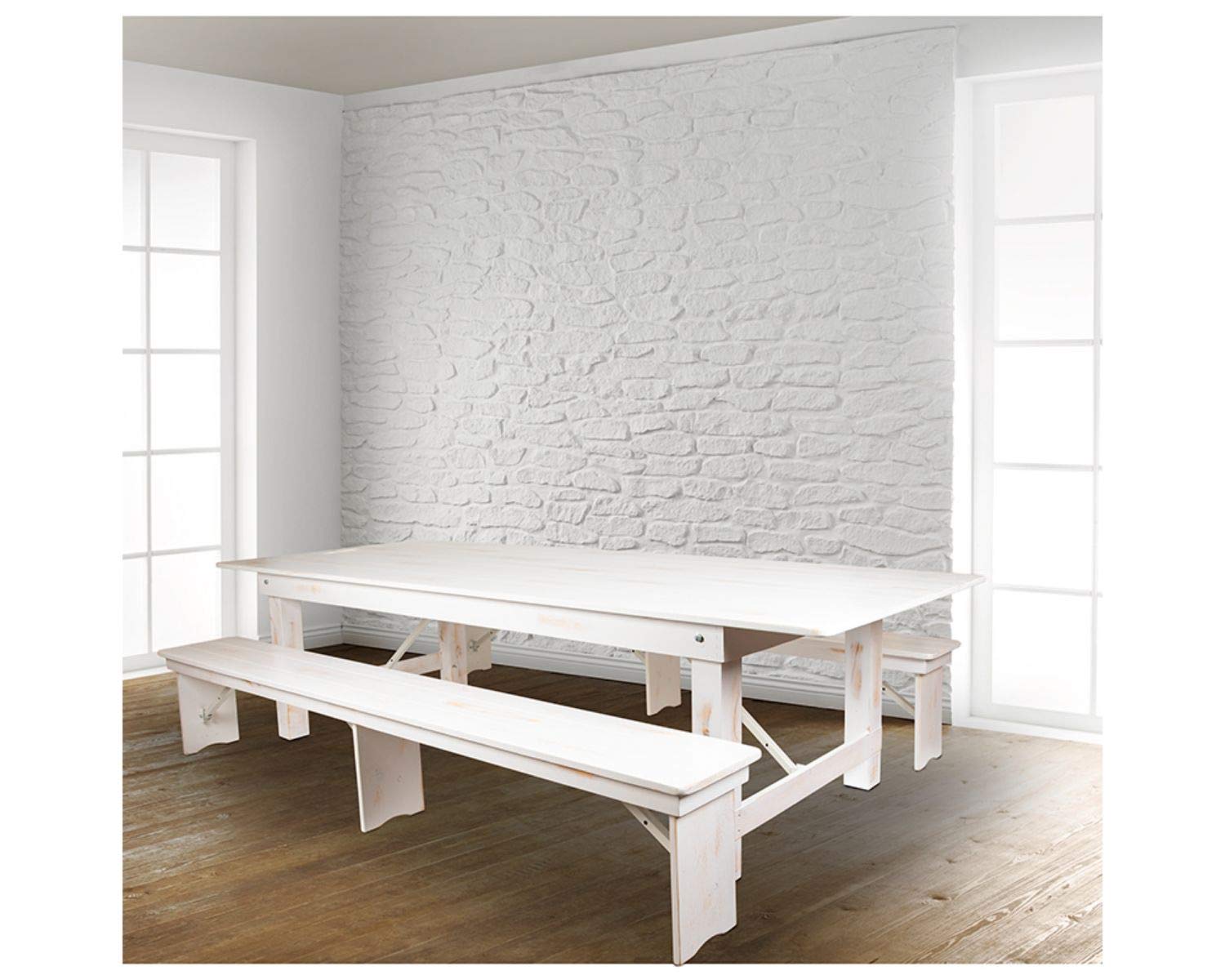 Flash Furniture Hercules Series 9' X 40&quot; Antique Rustic White Folding Farm Table And Two Bench Set