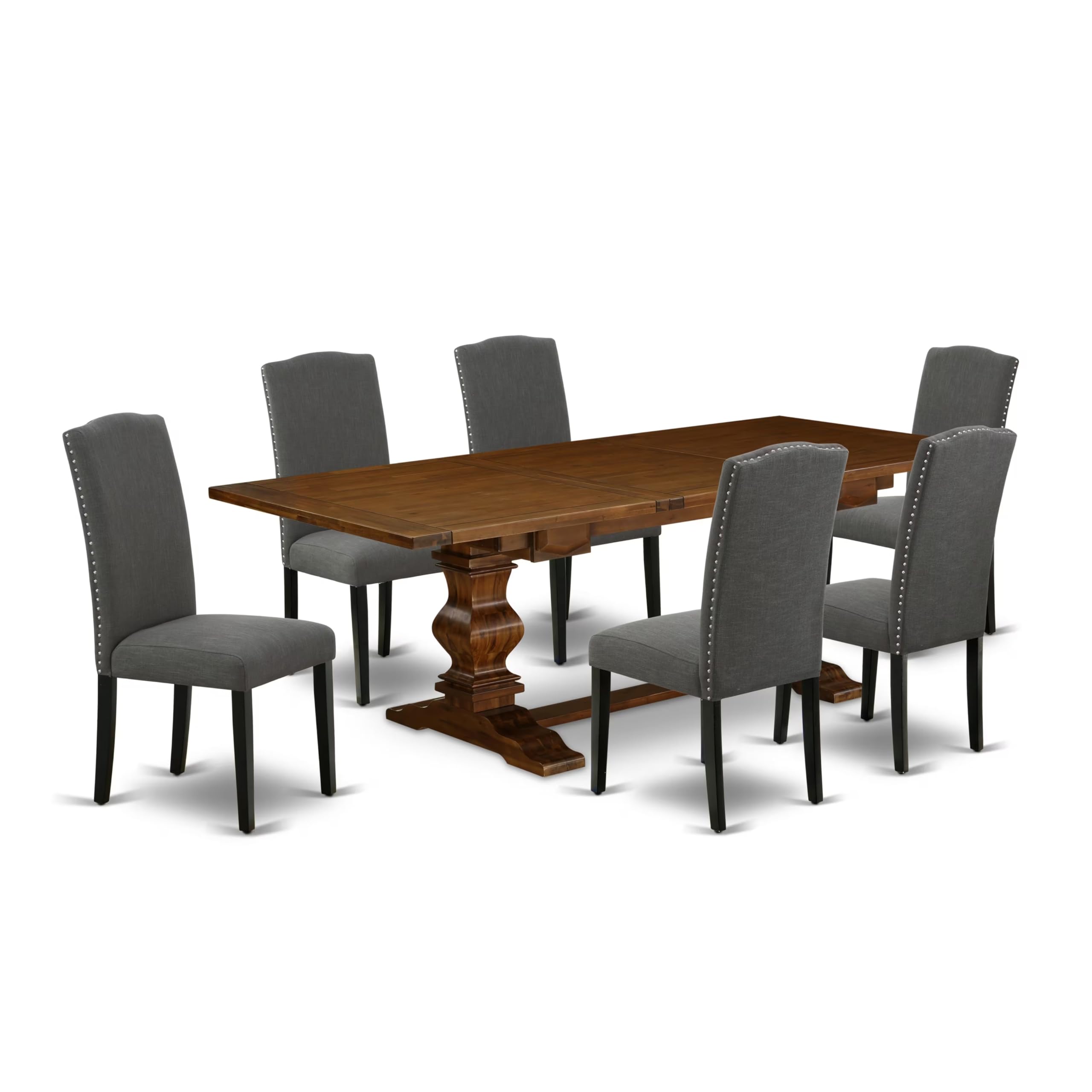 East West Furniture Alaen7-81-20 7 Piece Dining Table Set Consist Of A Rectangle Wooden Table With Butterfly Leaf And 6 Dark Gotham Linen Fabric Upholstered Chairs, 42X92 Inch, Walnut