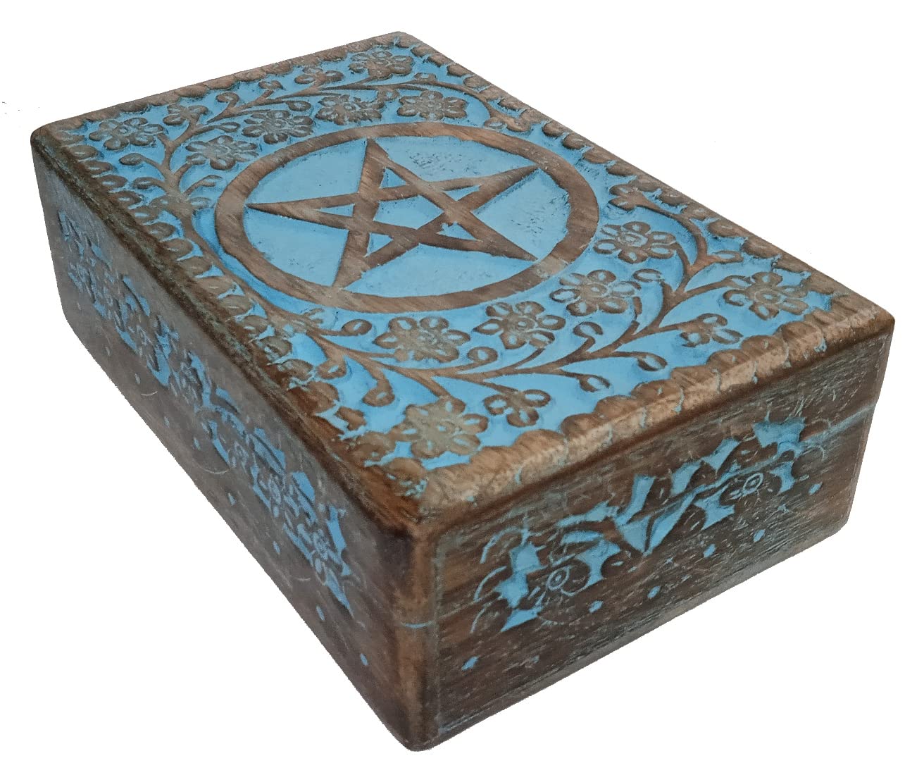 Purpledip Wooden Decorative Box North Star: Handcarved Intricate Design, Vintage Blue (12344A)