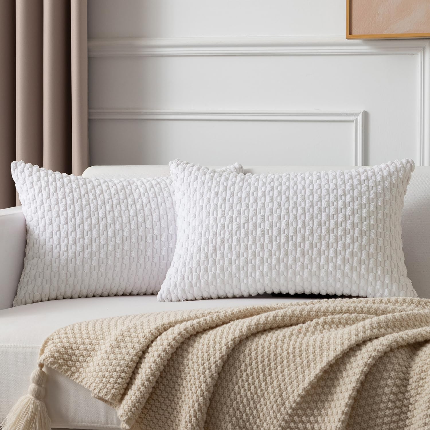 Kevin Textile Pack Of 2, Velvet Pillow Covers Striped Throw Cushion Case Set Accent Corduroy Lumbar Pillowcases With Hidden Zipper For Home Decor Indoor Outdoor (12'X20', Pure White)