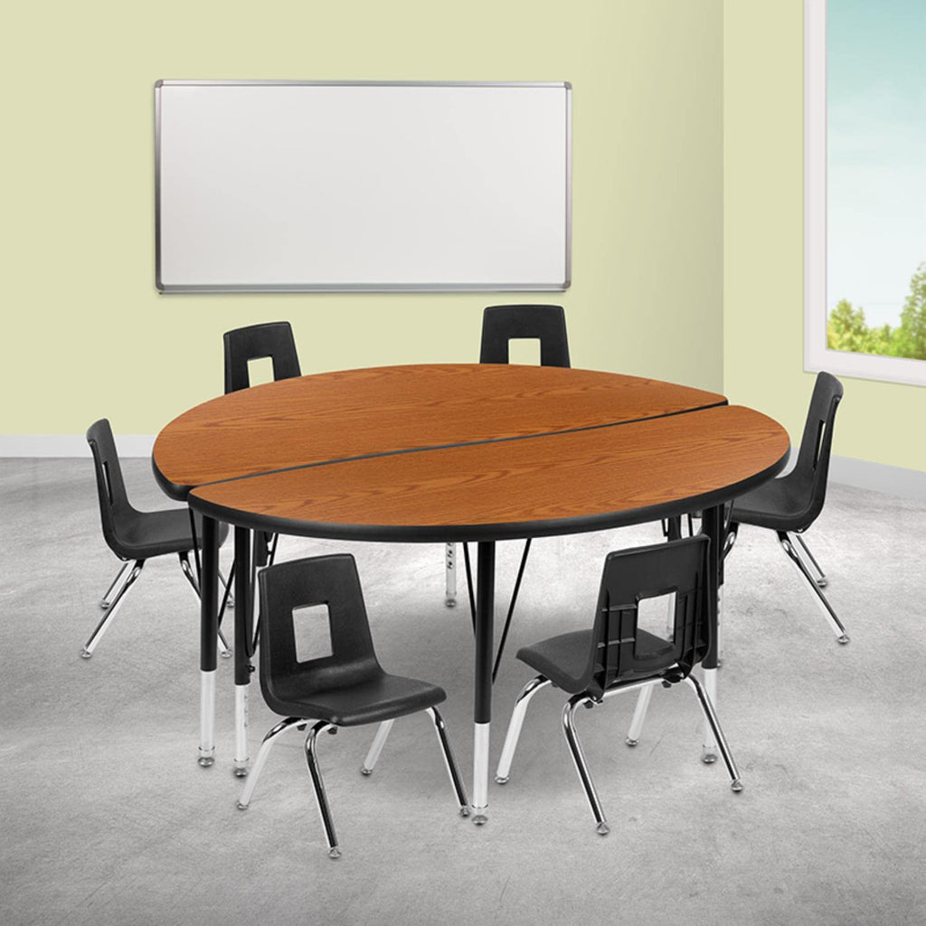 Flash Furniture 47.5" Circle Wave Collaborative Laminate Activity Table Set With 14" Student Stack Chairs, Oak/Black