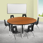 Flash Furniture 47.5" Circle Wave Collaborative Laminate Activity Table Set With 14" Student Stack Chairs, Oak/Black