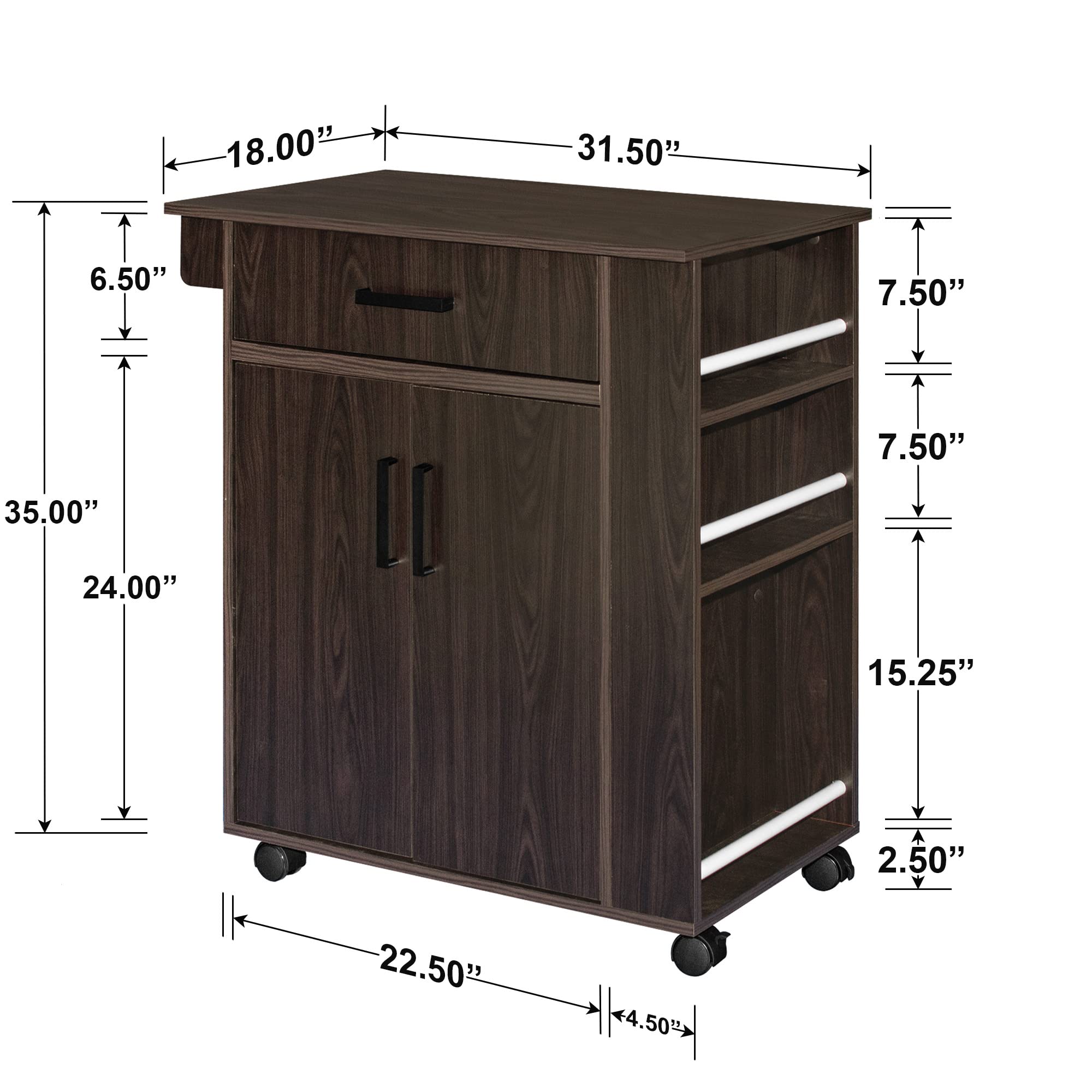 Better Home Products Shelby Rolling Kitchen Cart with Storage Cabinet - Tobacco