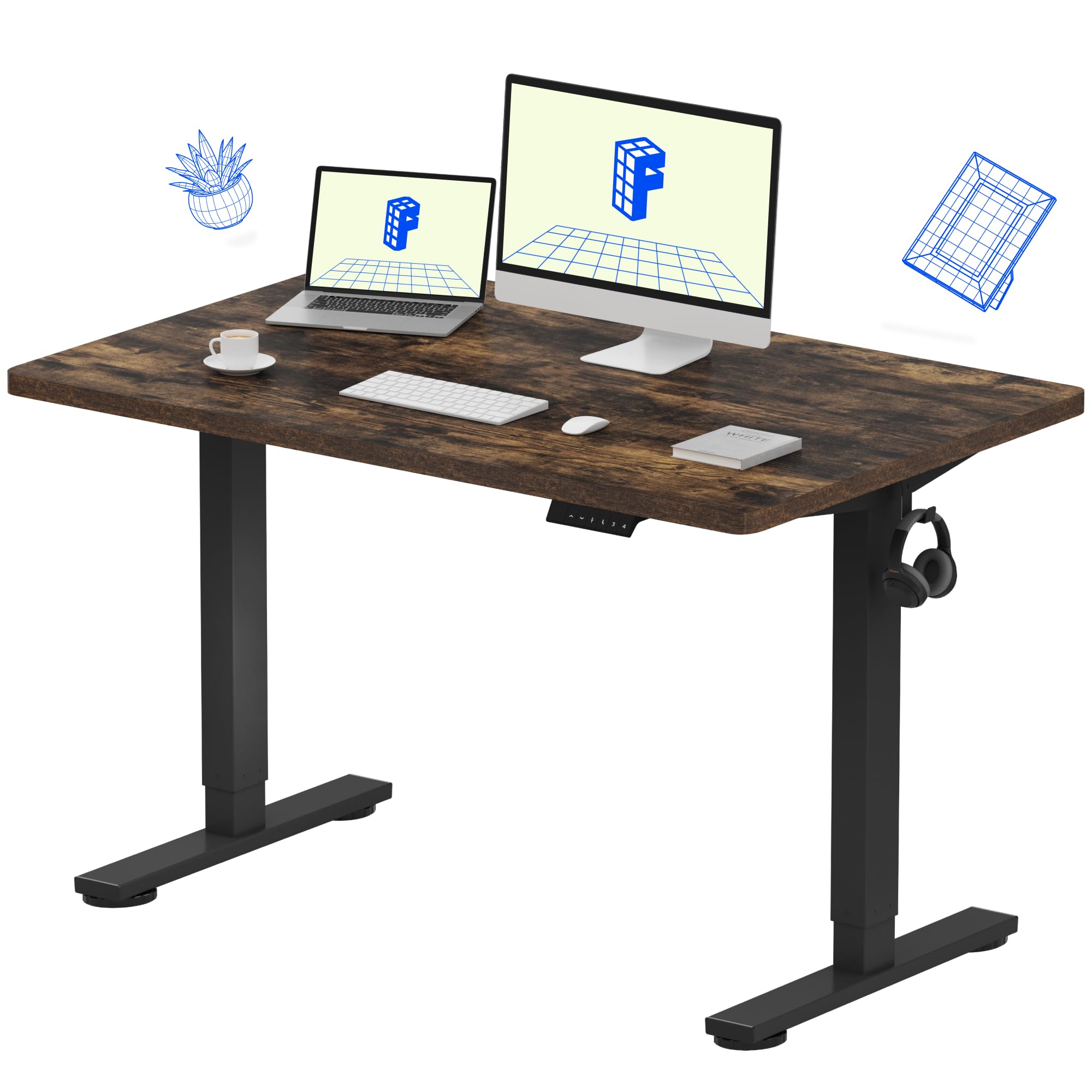 Flexispot Adjustable Desk, 48X30 Electric Standing Desk Sit Stand Desk Whole-Piece Desk Board For Home Office (Black Frame + Rustic Top, 2 Packages)