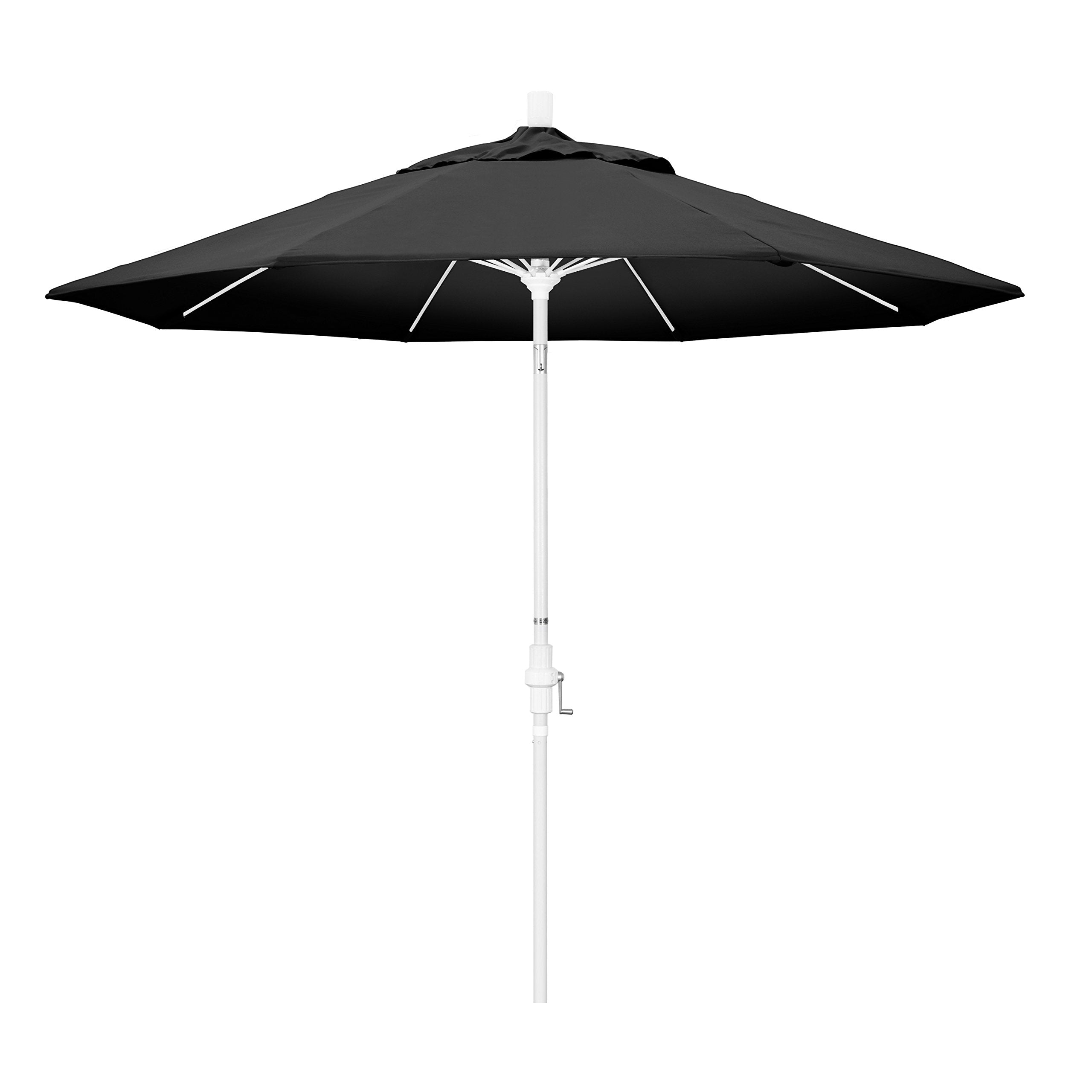 California Umbrella 9' Round Aluminum Pole Fiberglass Rib Market Umbrella, Crank Lift, Collar Tilt, White Pole, Black Olefin