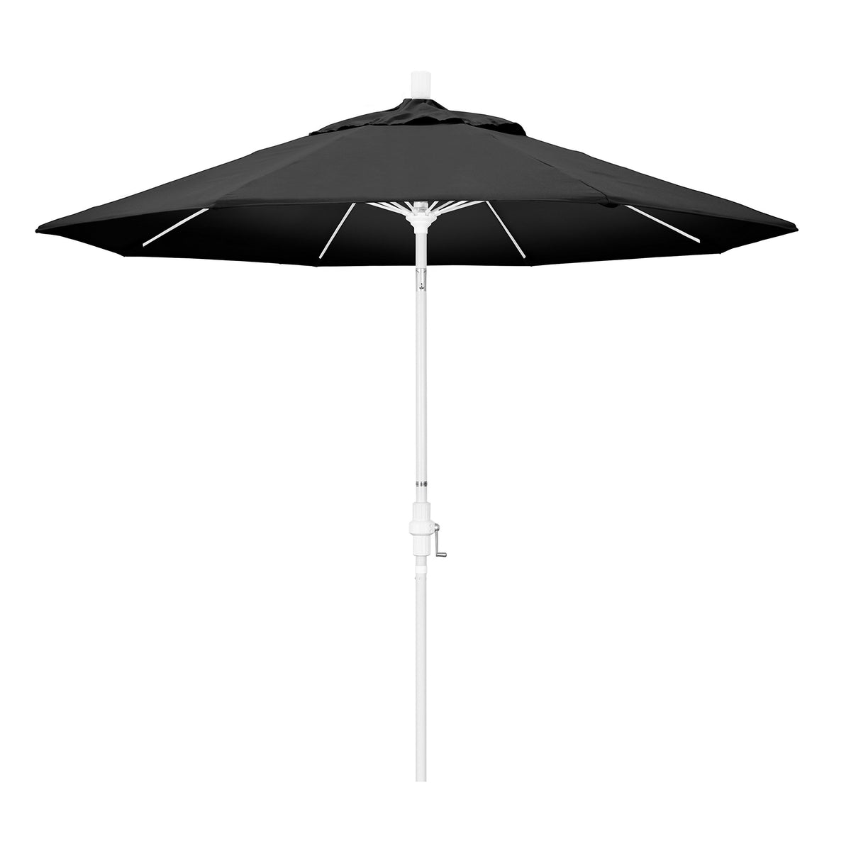 California Umbrella 9' Round Aluminum Pole Fiberglass Rib Market Umbrella, Crank Lift, Collar Tilt, White Pole, Black Olefin