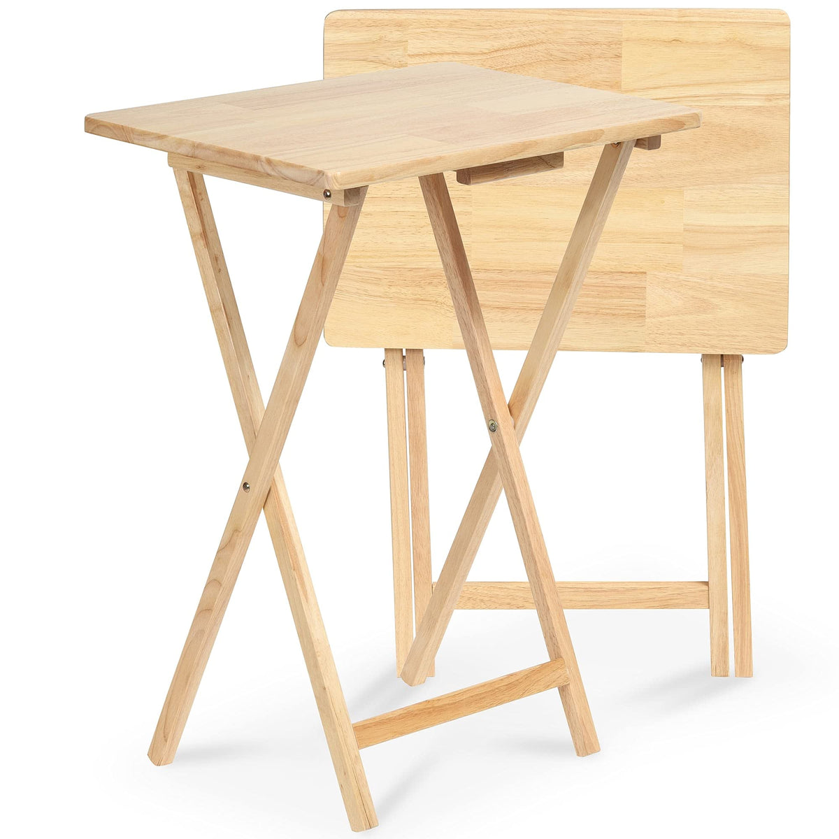 Pj Wood Rectangle Folding Portable Tv Snack Serving Tray Table, Solid Wood Construction With Natural Finish, Natural, 2 Piece Set