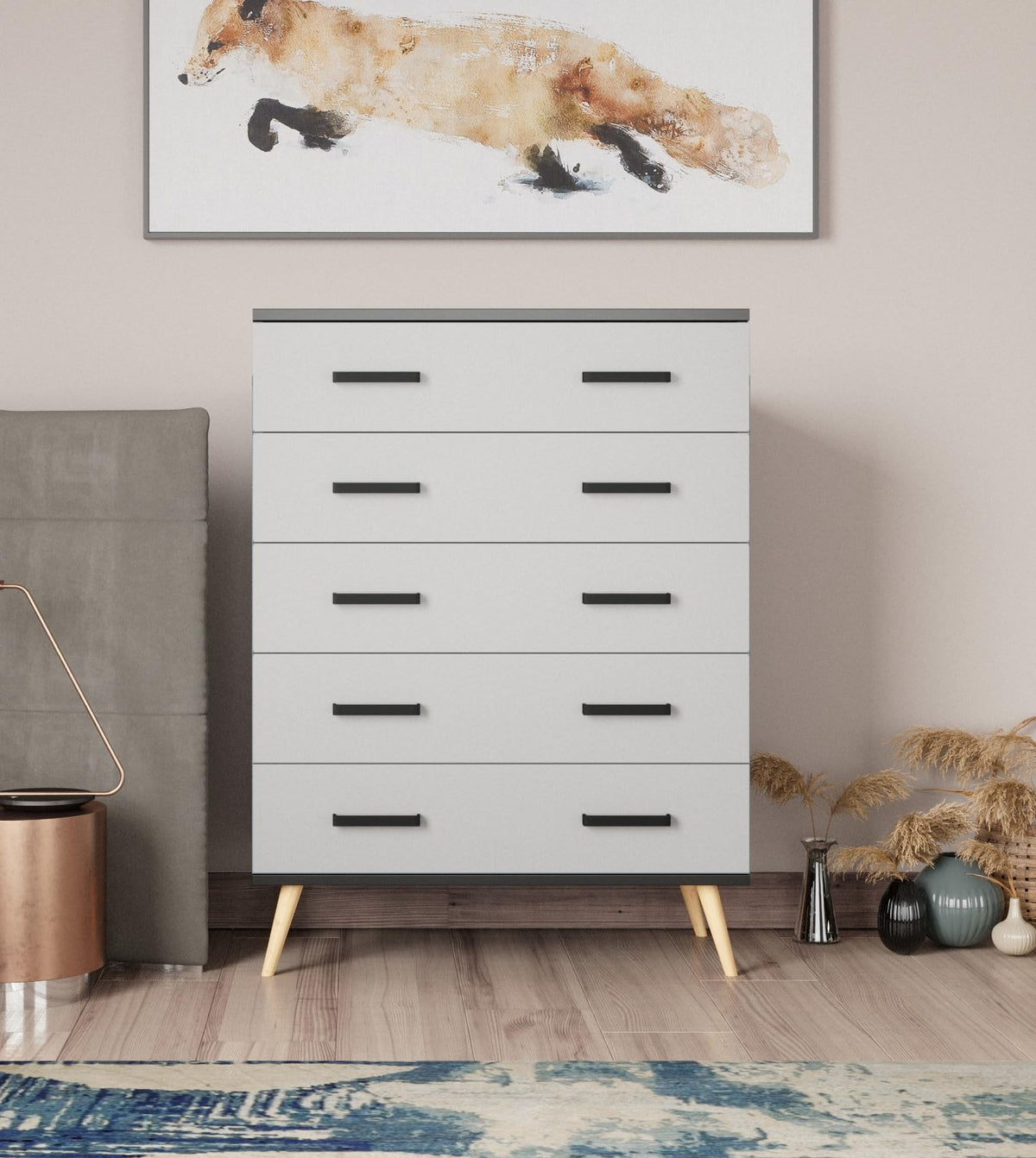 Woodpeckers Furniture And Mattress Eli Mid-Century Modern 5 Drawer Chest (Black & Light Gray)