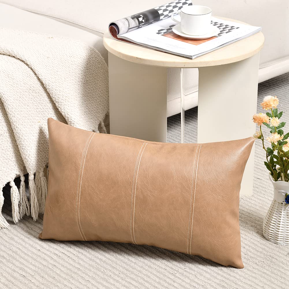 Fancy Homi 2 Packs Tan Lumbar Waterproof Faux Leather Decorative Throw Pillow Covers 12X20 Inch For Outdoor Couch Bed, Beige Han