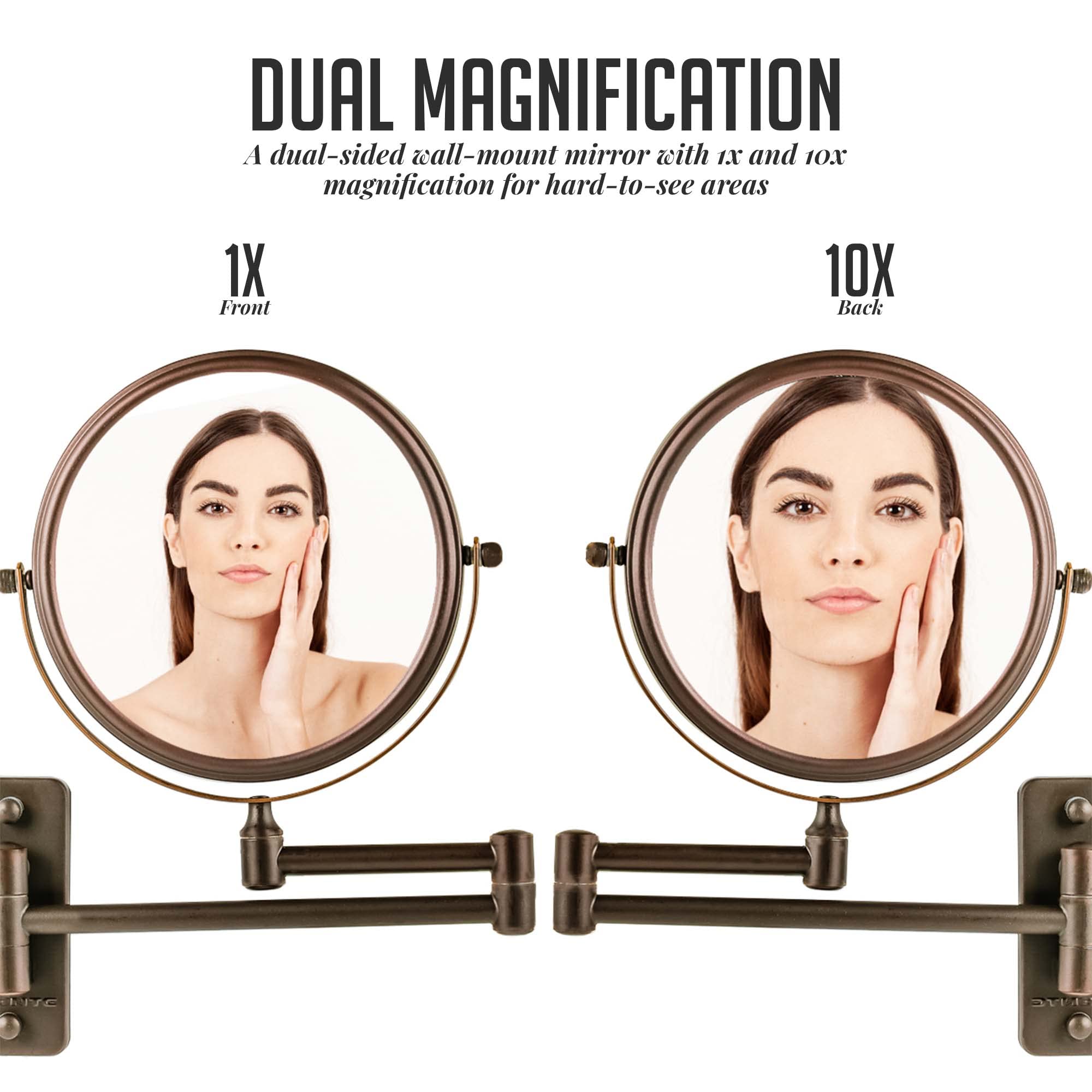 Ovente 7' Wall Mounted Makeup Mirror - 1X/ 10X Magnification, Rotating 360-Degree, Double-Sided, Extendable & Folding Arm, Clea