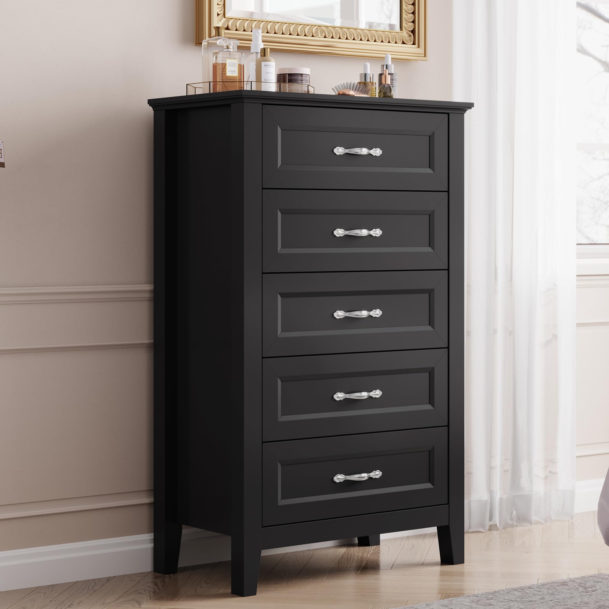 Linsy Home Dresser For Bedroom, 5 Drawer Dresser With Metal Handles, Tall Chest Of Drawers For Living Room, Entryway And Hallway, Black