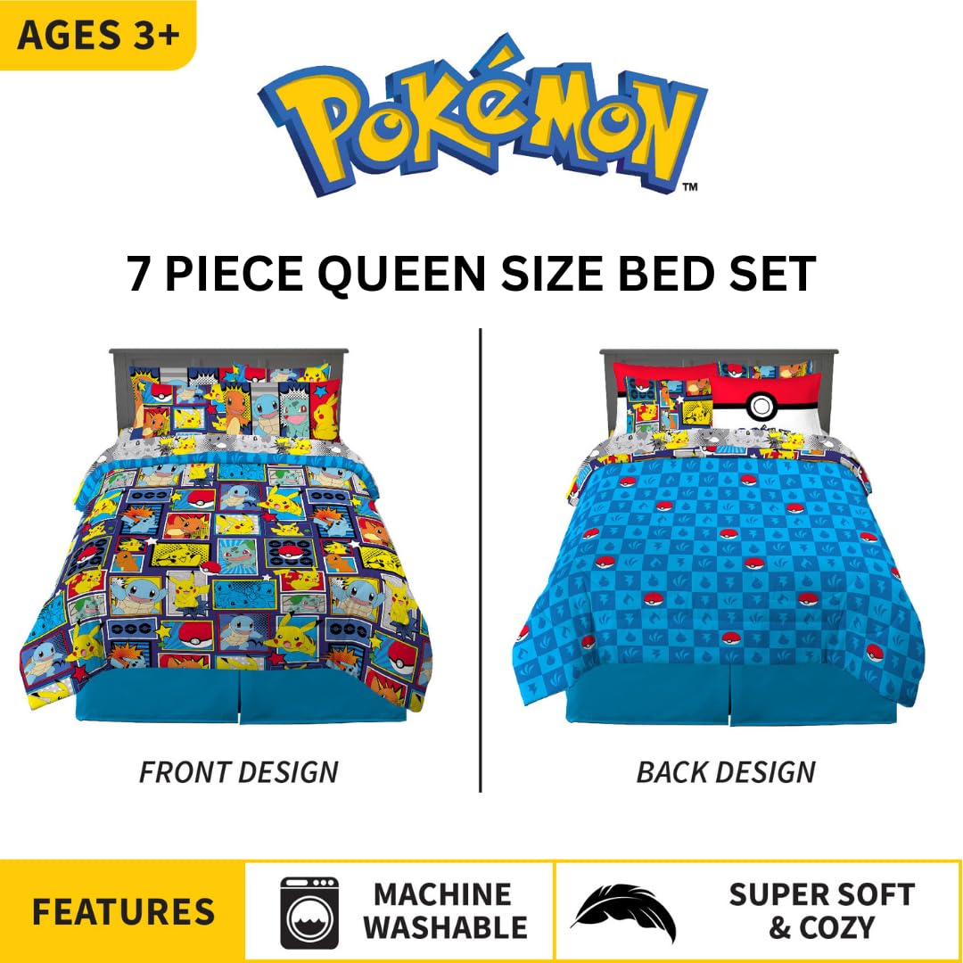 Franco Pokemon Bedding Super Soft Comforter And Sheet Set With Sham, 7 Piece Queen Size, (Official Licensed Product)