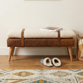 35 Inch Beige And Brown Boucle Genuine Leather And Solid Wood Upholstered Bench