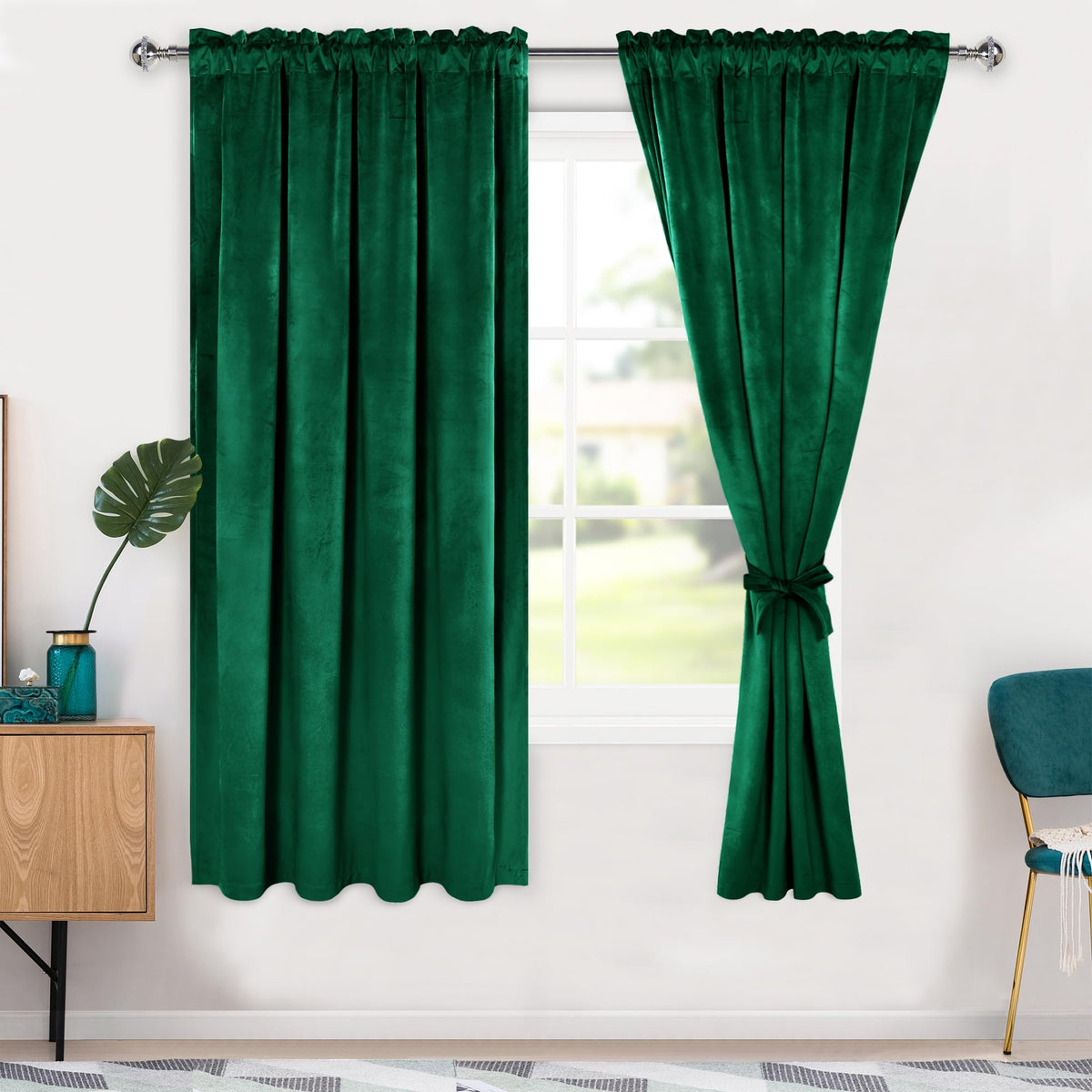 Hiasan Green Velvet Curtains 63 Inch Blackout Rod Pocket Thermal Insulated Soft Curtains Room Darkening Window Drapes With Tieba