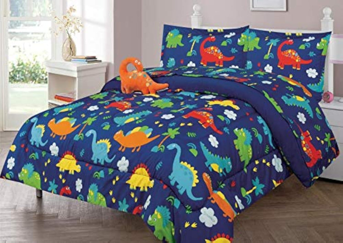 Sapphire Home 3 Piece Dinosaur Twin Kids Comforter Set - Kids Bedding Set - Comforter Set, Pillow Sham, Decorative Toy Pillow -
