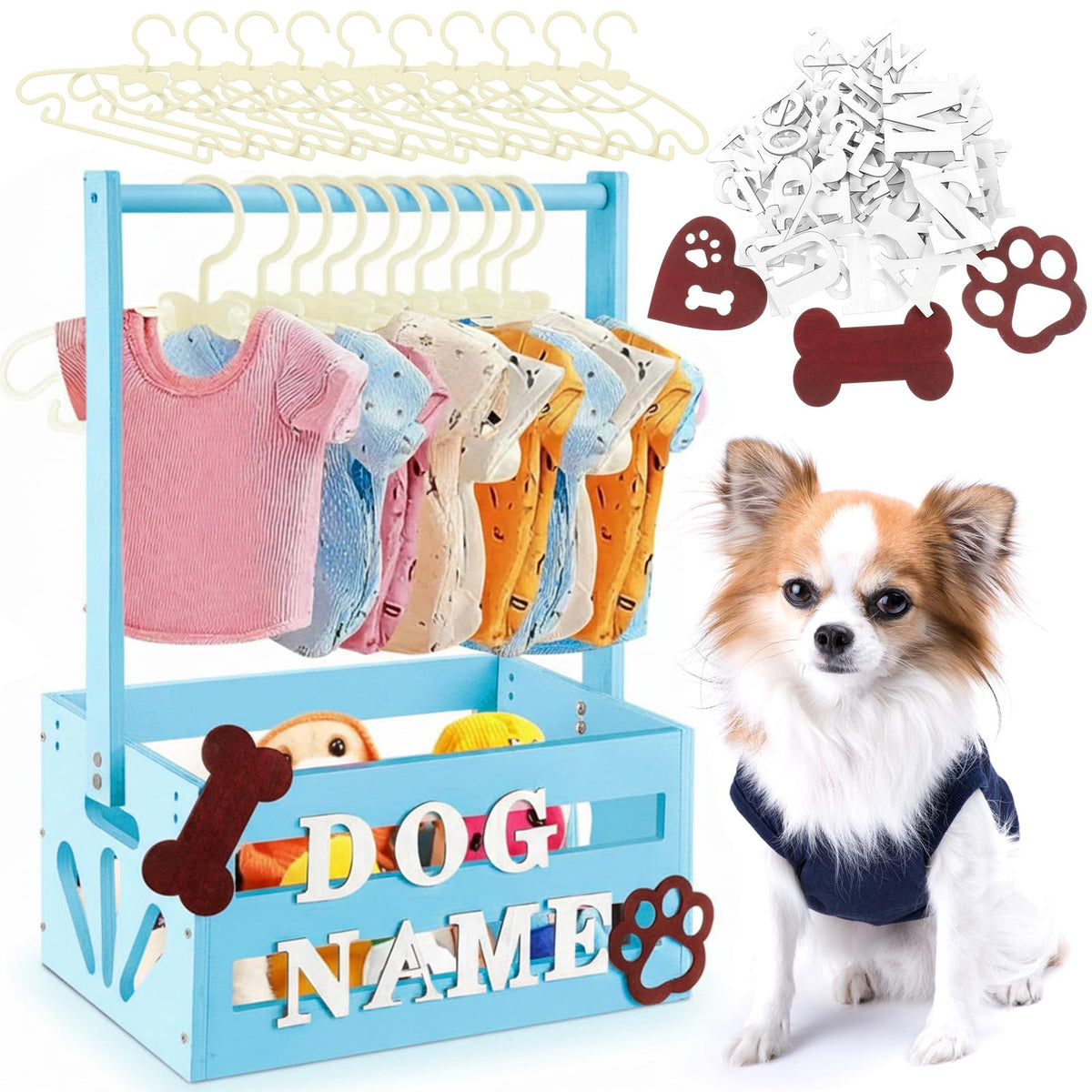 Wooden Dog Closet, Pet Wardrobe with Hanging Rod for Small Dog, Blue
