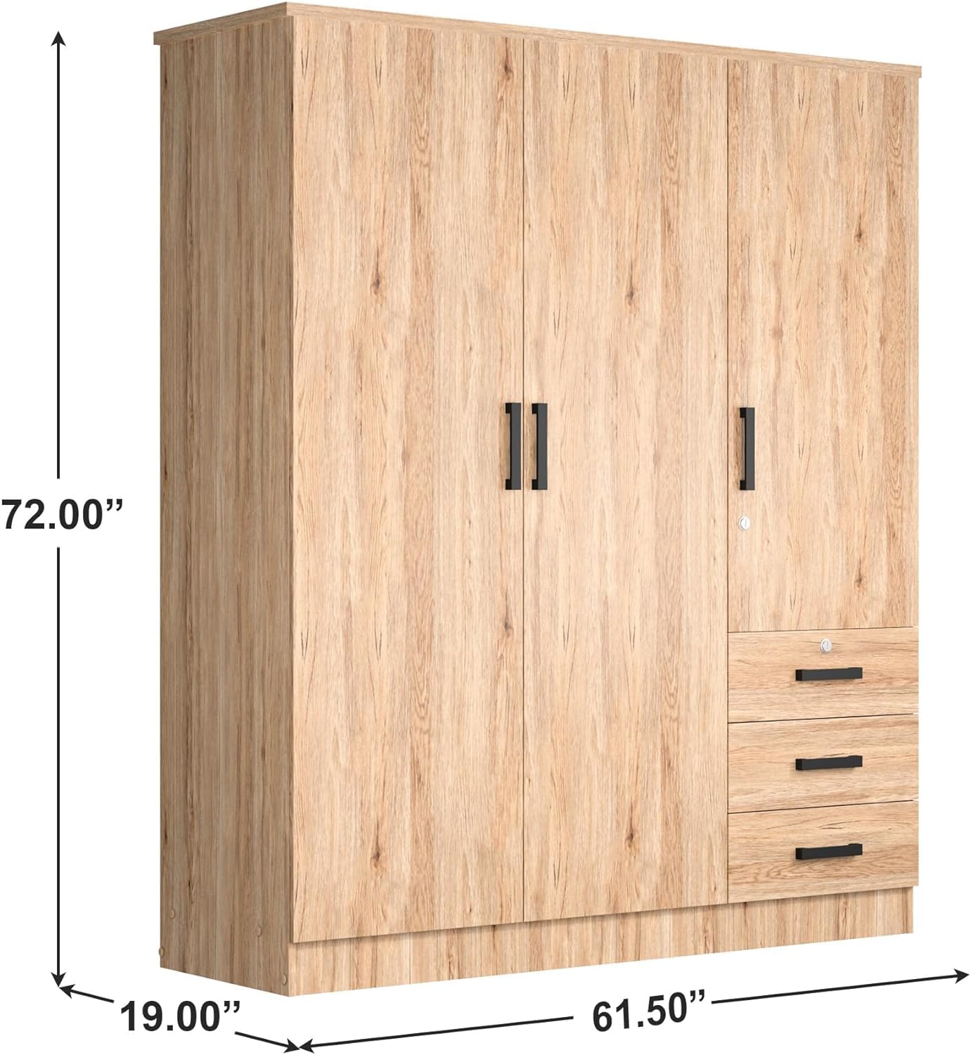 Violet Wardrobe Closet 3 Doors and 3 Drawers (Natural Oak)