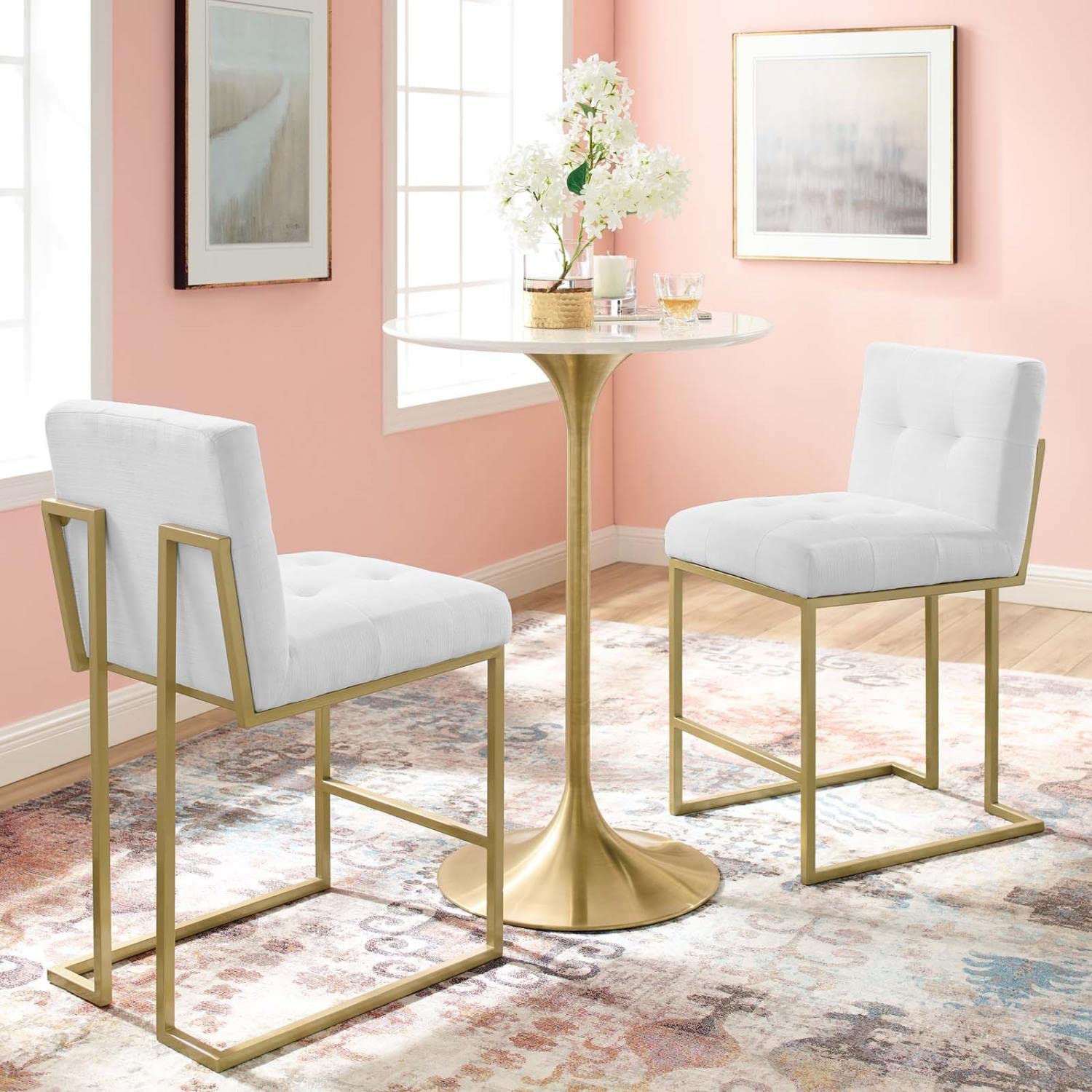 Modway EEI-5571-GLD-WHI Privy Counter Stool Upholstered Fabric Set of 2, Gold White