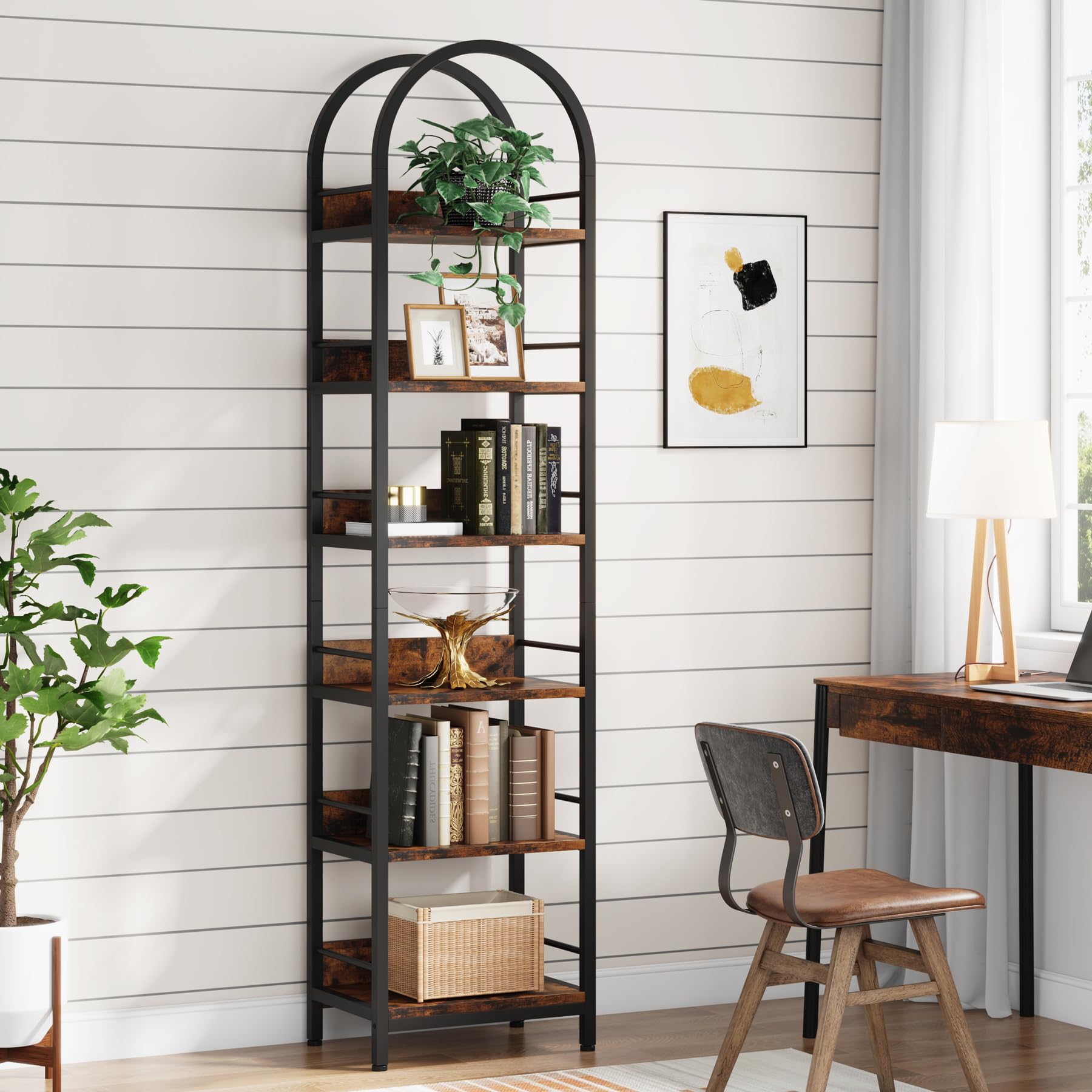 Tribesigns 6-Tier Open Bookshelf, 78.7 Tall Arched Bookcase Narrow Bookshelf with Metal Frame, Freestanding Corner Bookcase Disp