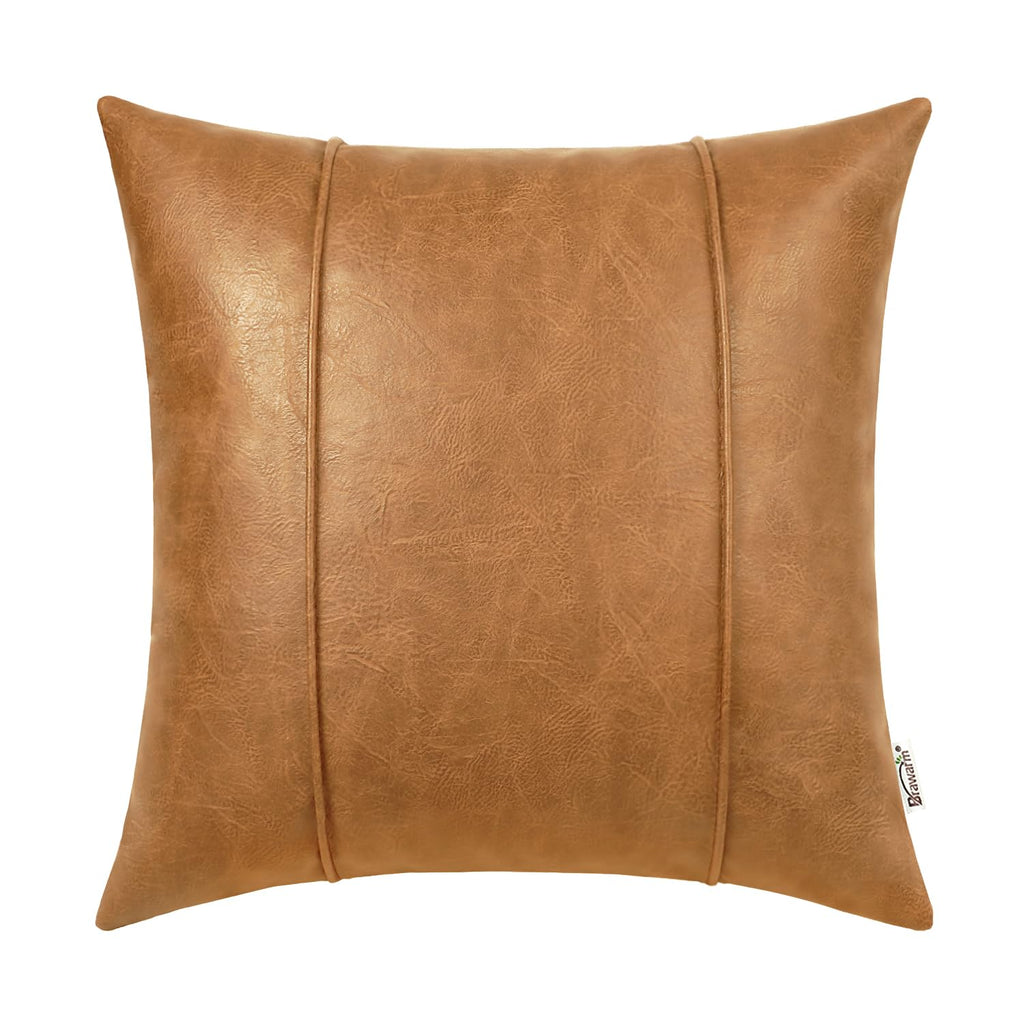 BRAWARM Tan Leather Throw Pillow Covers 18 X 18 Inches - Faux Leather Pillow Cover with Piping, Hand Stitched Leather Throw Pill