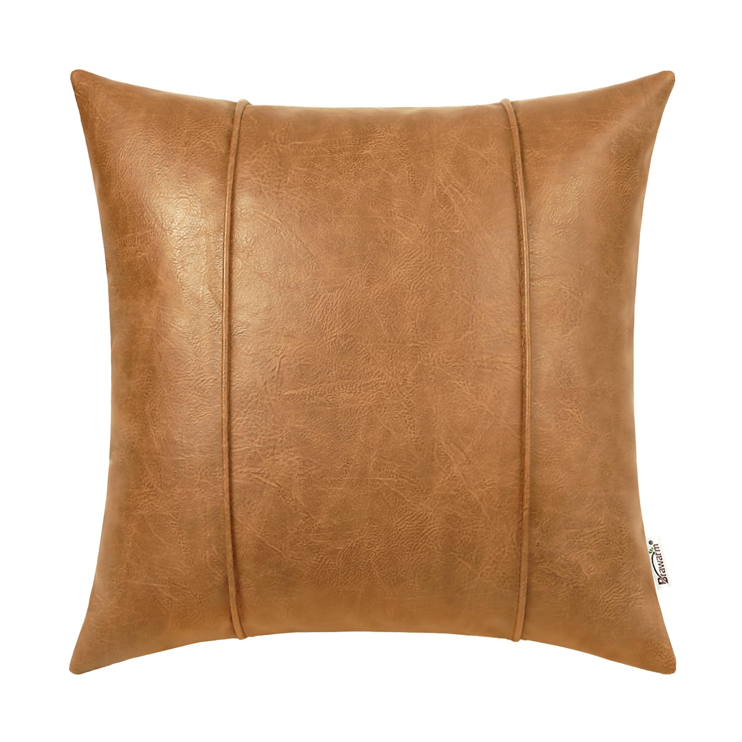 BRAWARM Tan Leather Throw Pillow Covers 18 X 18 Inches - Faux Leather Pillow Cover with Piping, Hand Stitched Leather Throw Pill