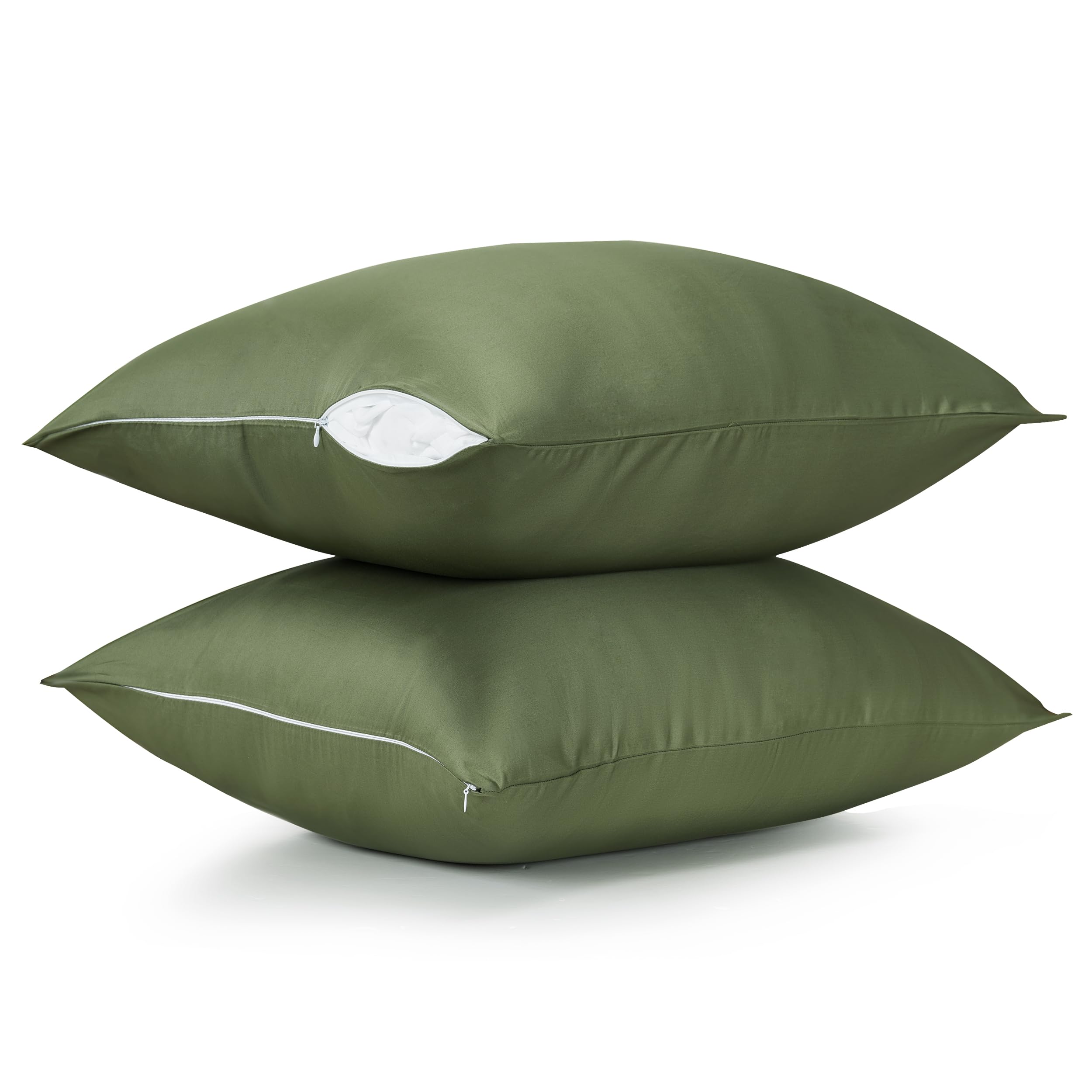 Cotton Pillow Protectors/Cases Queen Size With Zipper 2 Pack Olive Green Color,Cooling & Breathable Bed Pillow Protectors Set Of