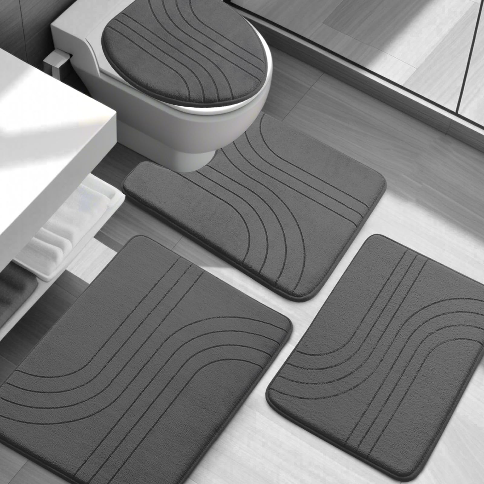 YIHOUSE Memory Foam Bathroom Rugs Set 4 Pieces,Soft Non Slip Bathroom Mats Set, Extra Thick Bath Mats for Bathroom, Machine Wash