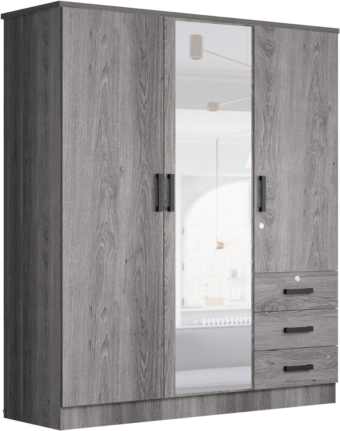 Violet Wardrobe Mirrored Door Closet 3 Doors and 3 Drawers (Grey)