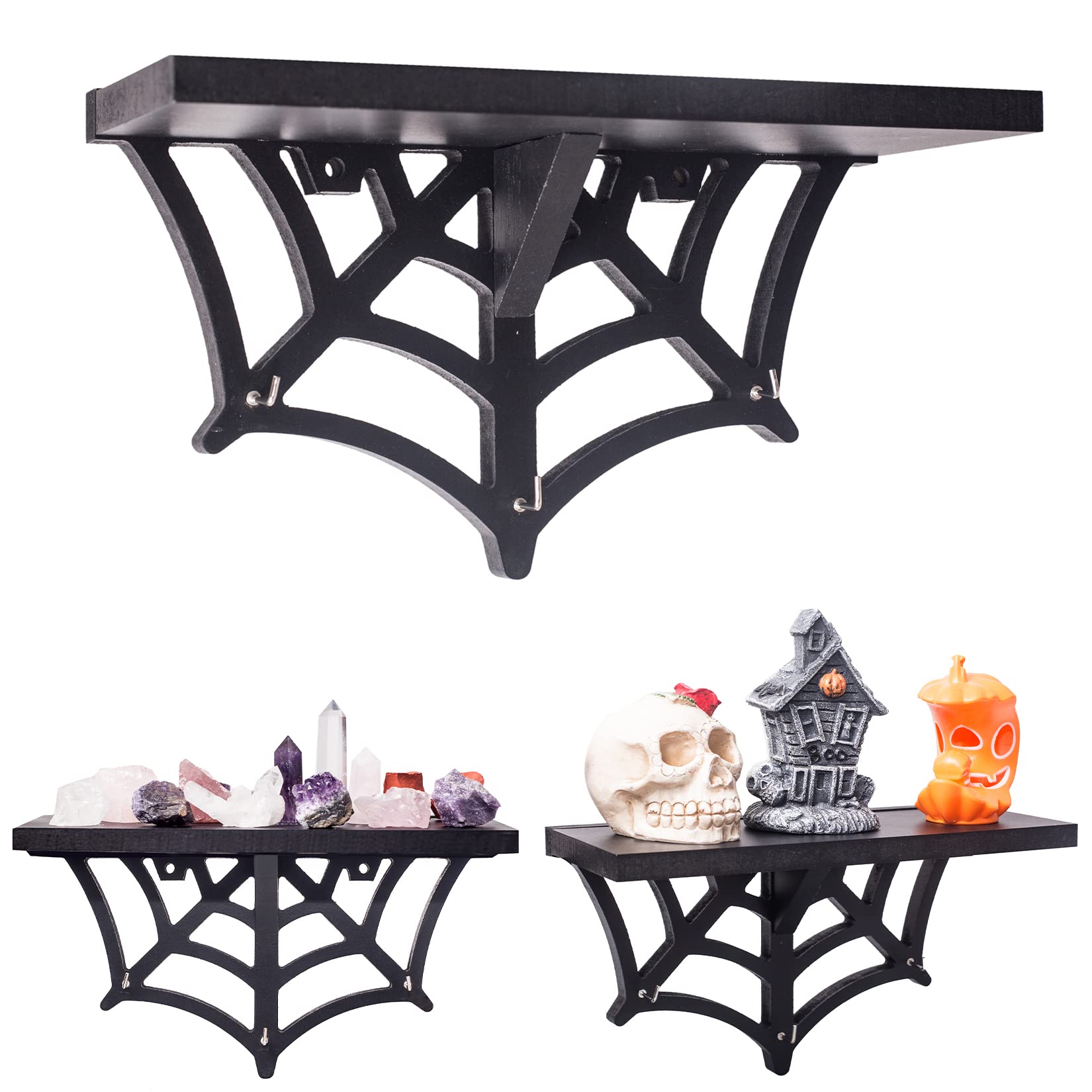 CEFRECO Spider Web Floating Shelf - Gothic Halloween Hanging Shelf with Hooks for Wall Oddities and Curiosities - Black Spooky G