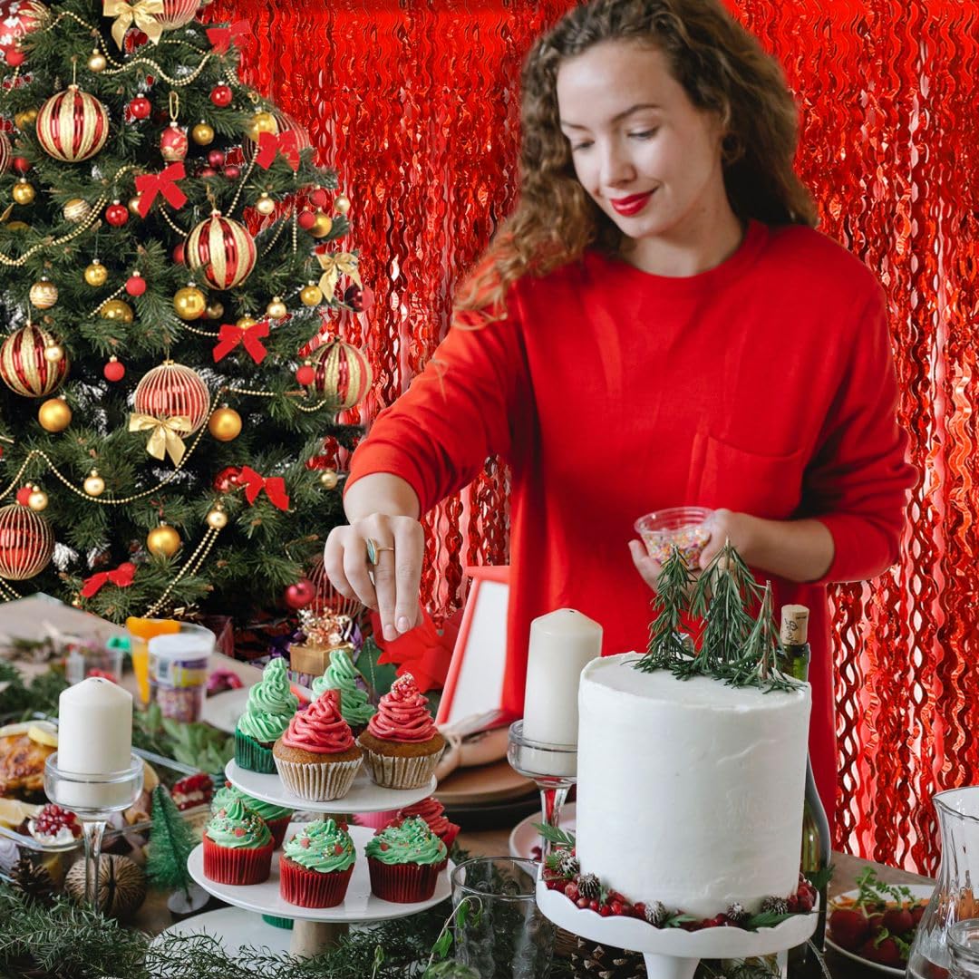 Backdrop For Party Decorations, Wave Foil Fringe Curtain Tinsel Photo Backdrop Red Tinsel Curtain Party Backdrop Streamers For B